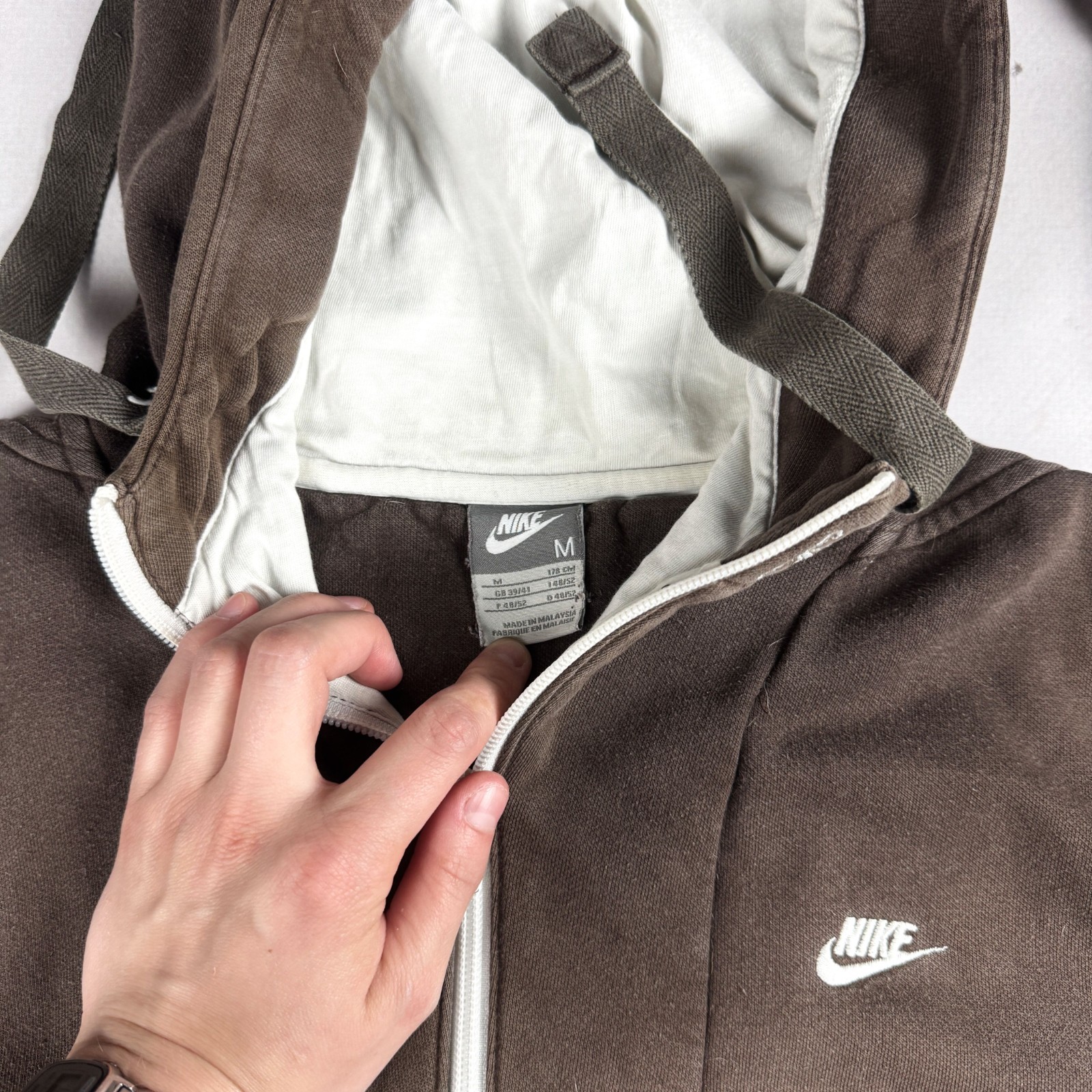 Womens Nike Y2K Full Zip Hoodie Brown Faded Heavyweight Sweatshirt Minimal Sport