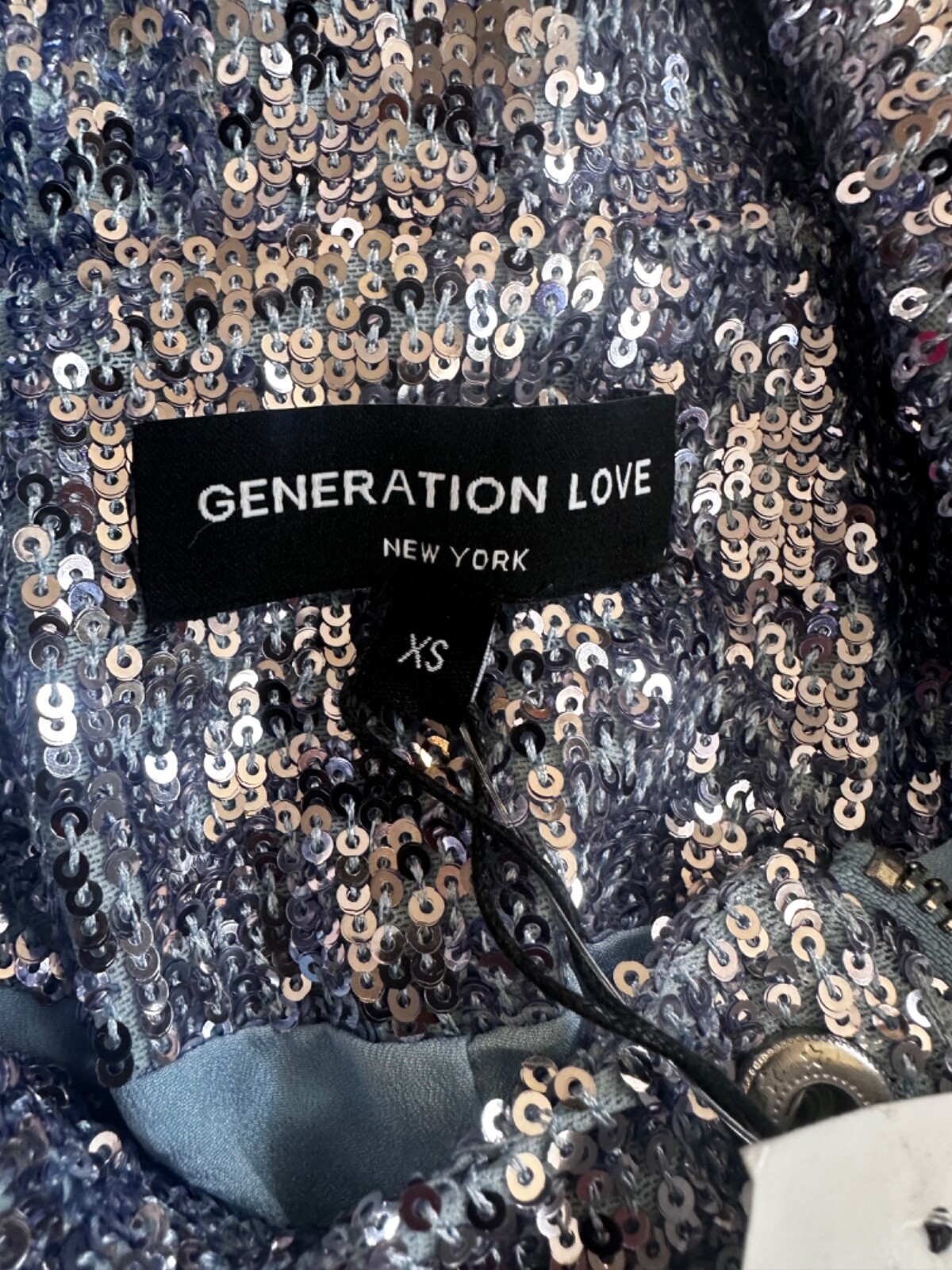 Generation Love Robin Sequin Moto Jacket Long Sleeves Cropped Silver Blue Sz XS