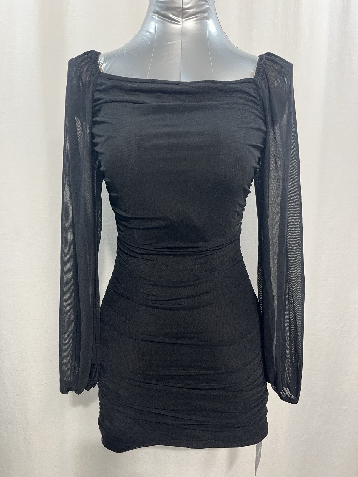 Women’s Black Ruched Mesh-Sleeve Bodycon Dress party prom wedding trendy 1247