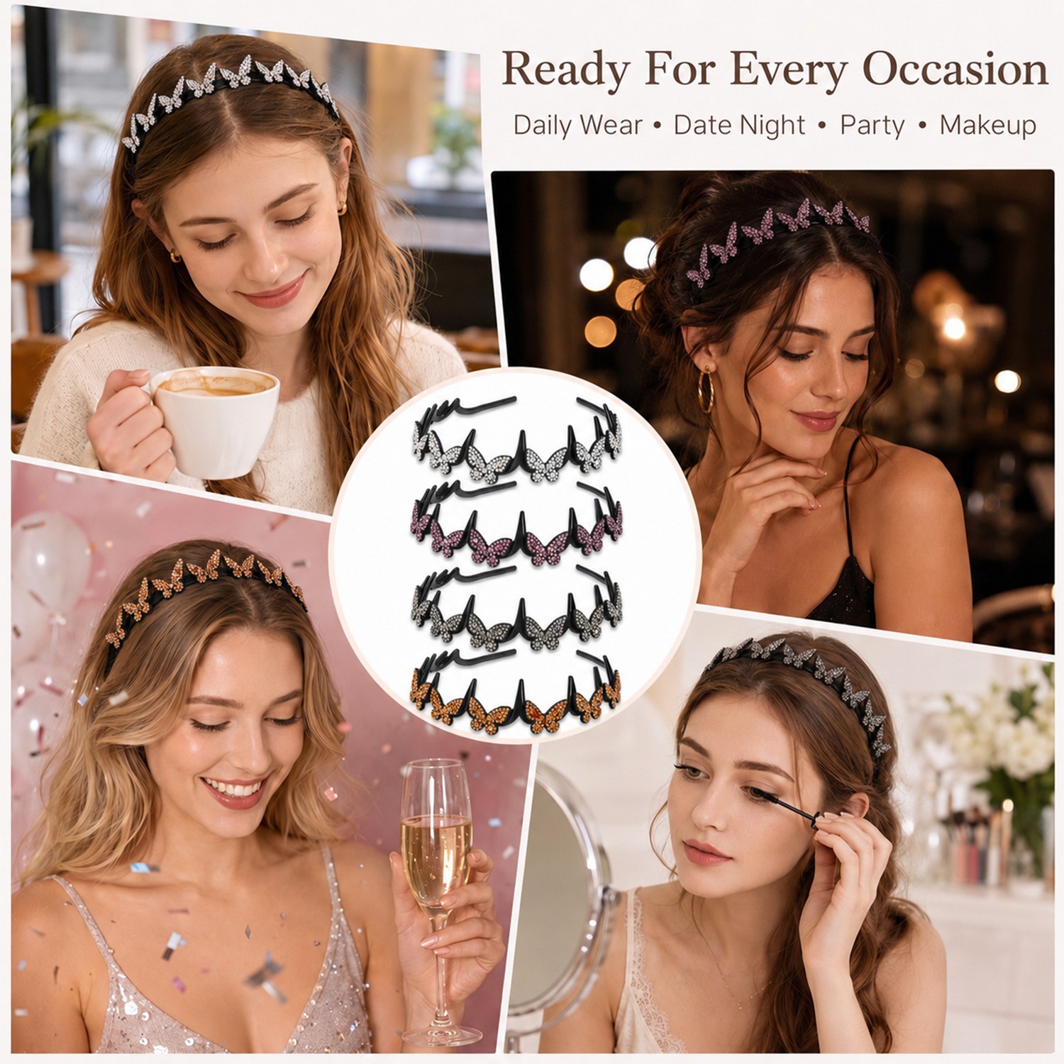 4PCS Glitter Rhinestone Butterfly Flowers Crystal Wavy Teeth Headband for Women