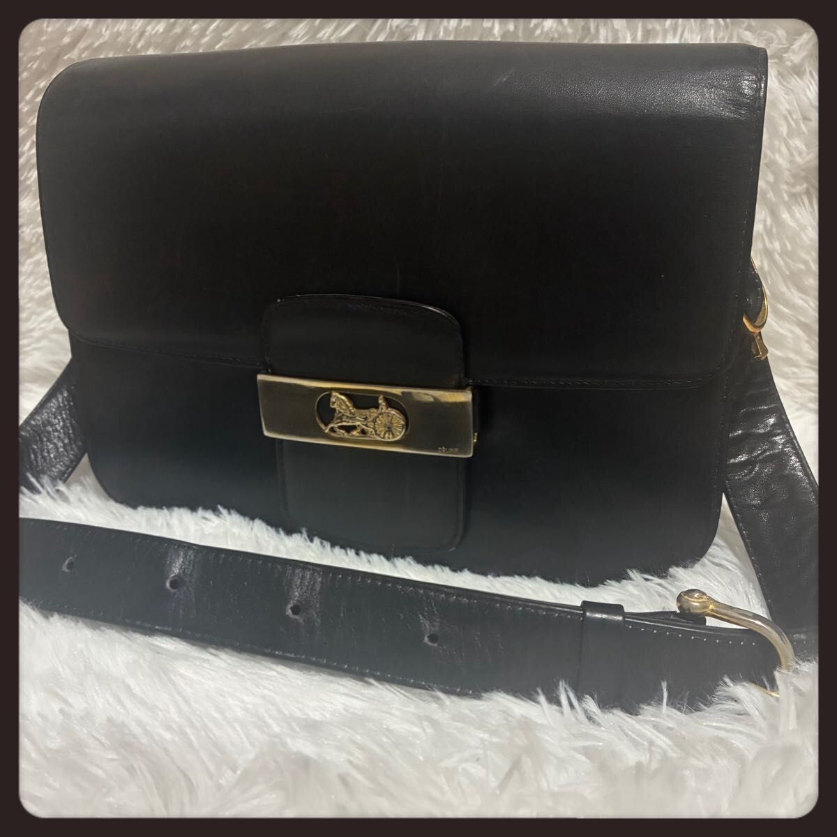 CELINE Black Leather Horse Carriage Buckle Shoulder Bag Gold Italy 22cm
