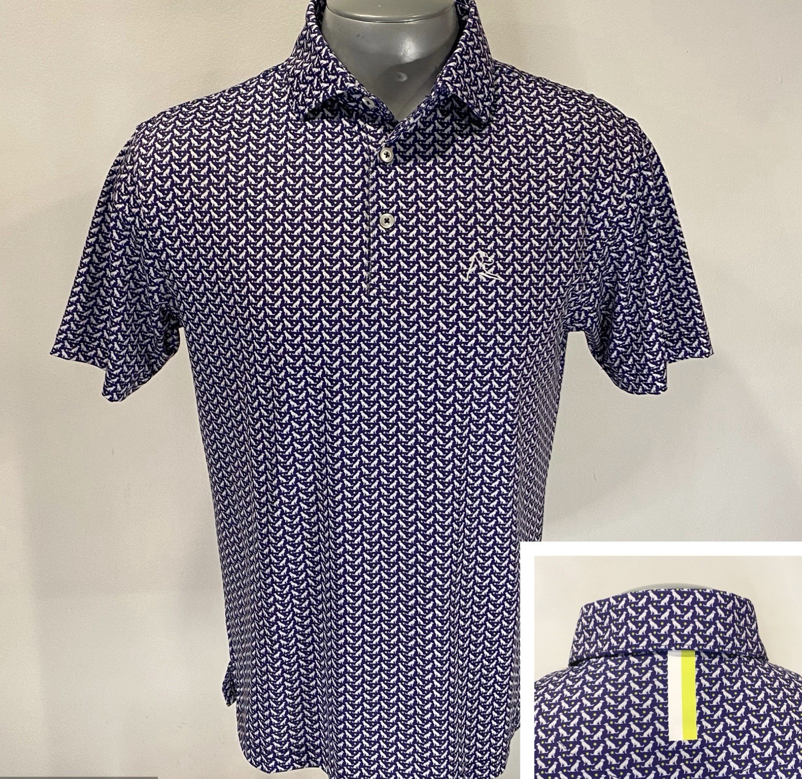 Rhoback Golf S Small Polo Shirt Purple+ All Over Dog Print Performance Mens