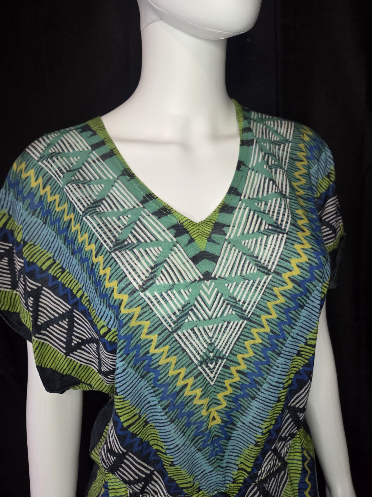prAna Saida Kaftan Tunic Cover Up Green Teal Aztec Geometric Tissue Jersey S
