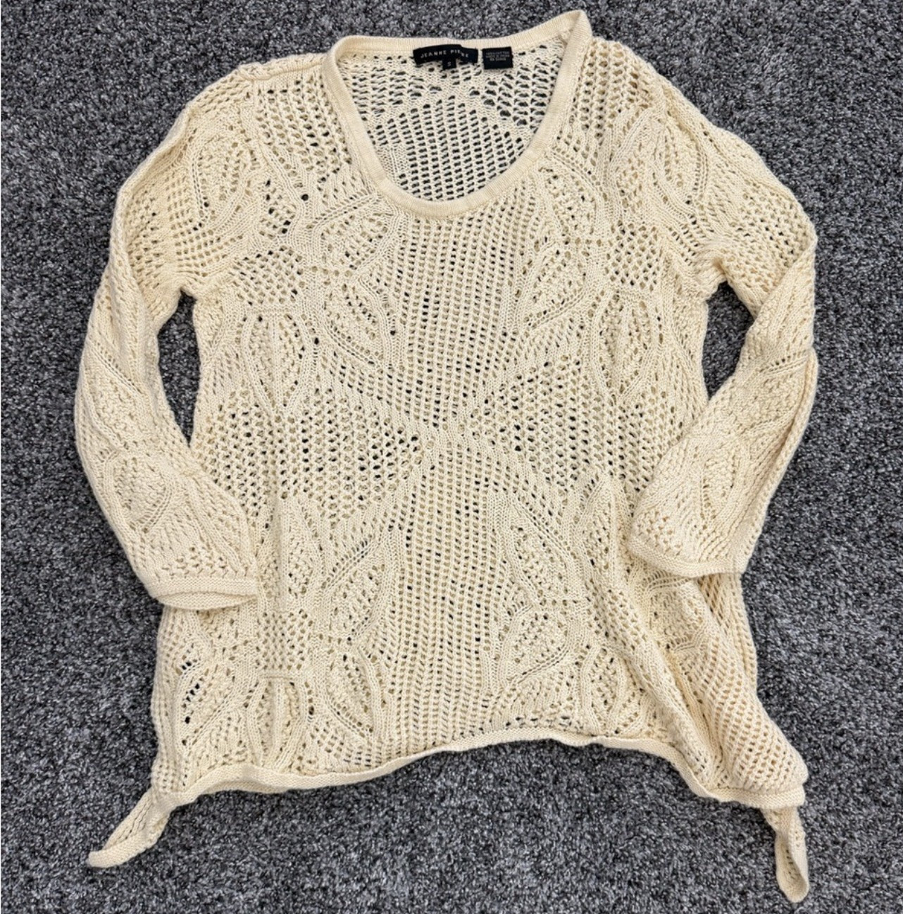 Jeanne Pierre Women’s Beige Solid Open-Knit Scoop Neck Long Sleeve Pullover S