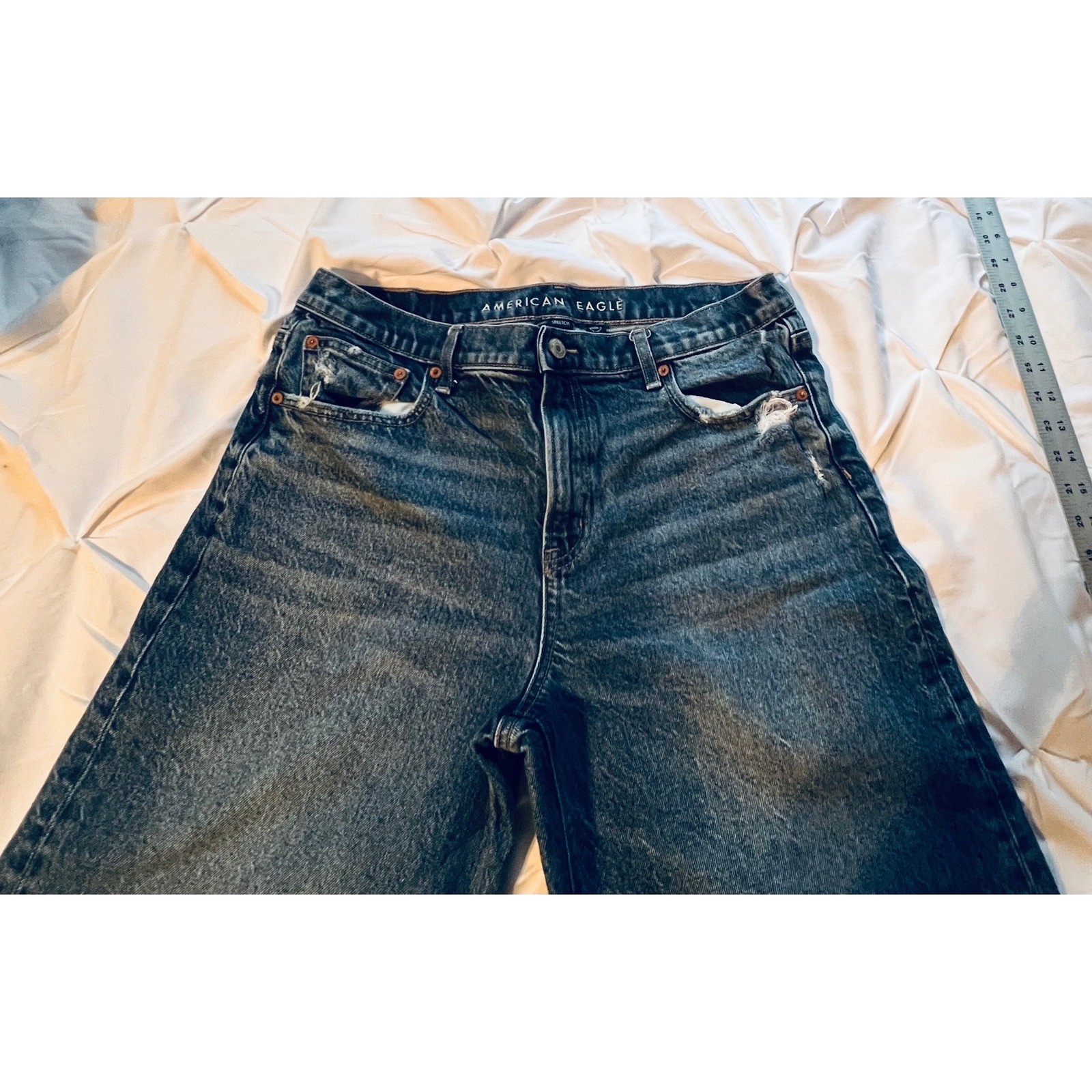American Eagle Stovepipe Jeans Womens 10 Blue Excellent High Waisted Raw Hem