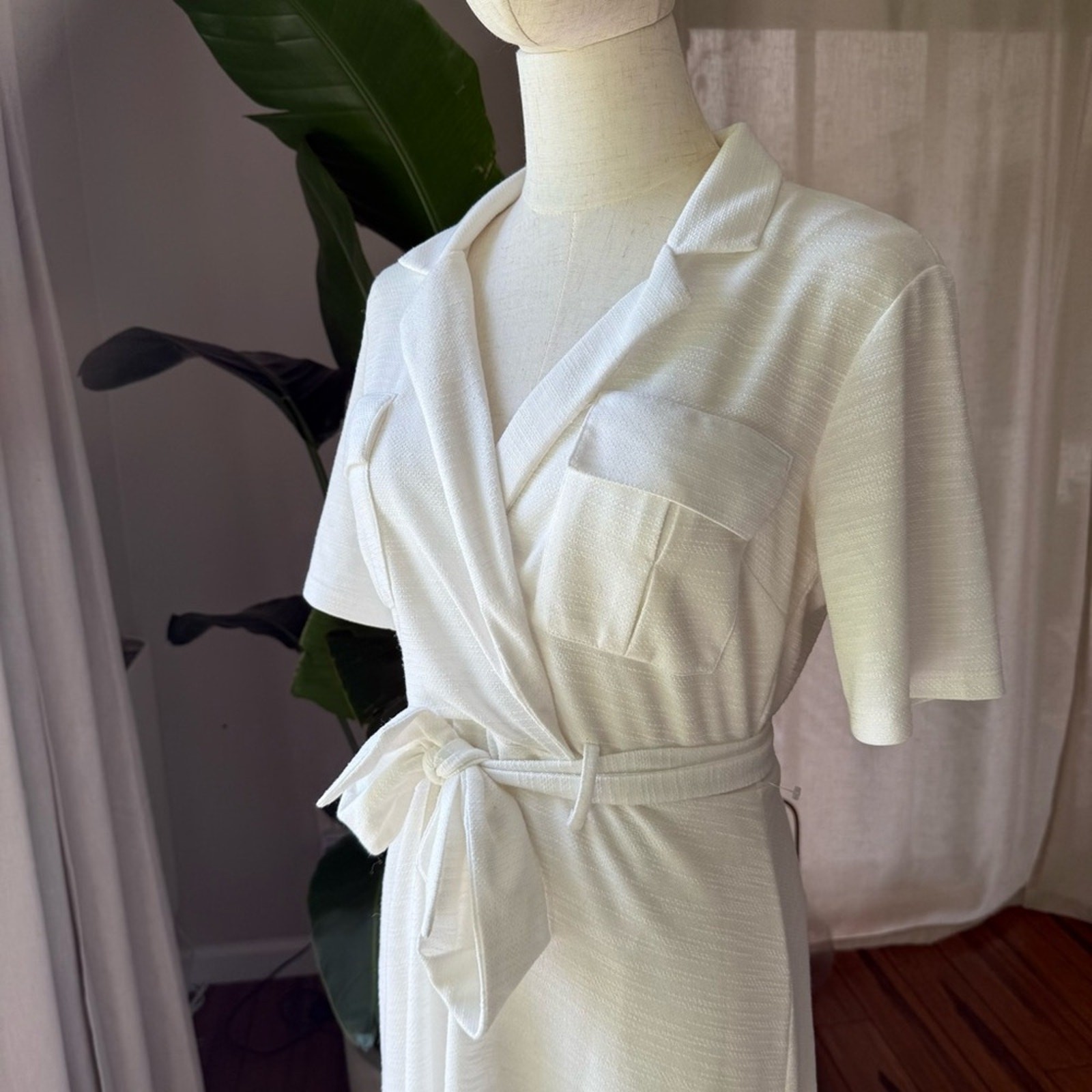 🤍 Cream Short Sleeve Collared Utility Midi Dress – Size US 2 / UK 6