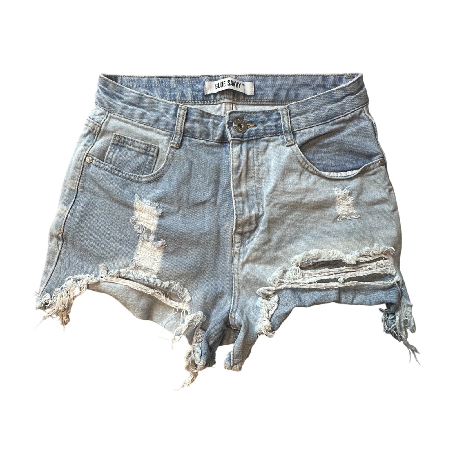 Blue Savvy Denim Shorts Womens 3/26 Blue Two Tone Distressed High Rise Cut Offs