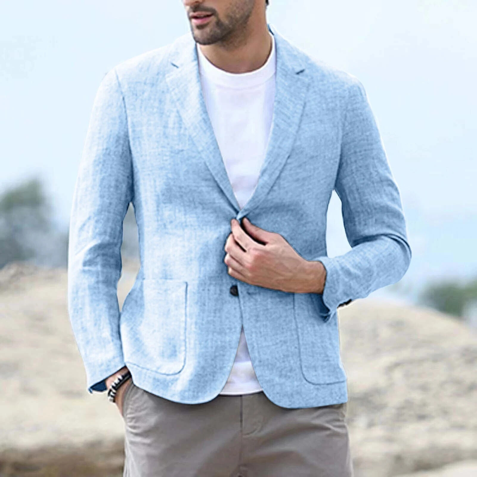 Summer Linen Men Blazer Casual Sports Jacket Beach Leisure Wedding Party Blazer