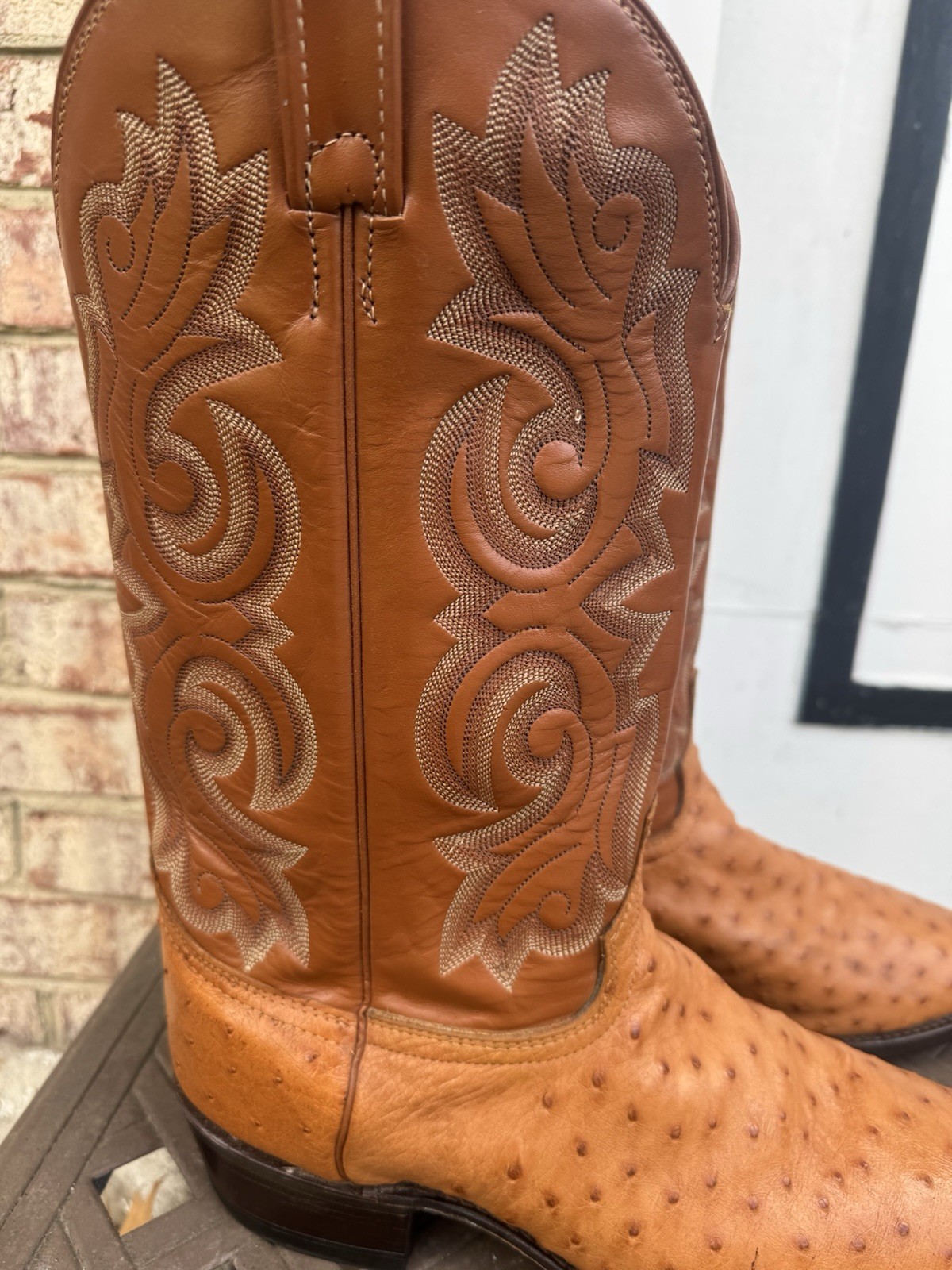 J. Chisholm Cowboy Boots Mens 12D Brown Good Full Quill Ostrich Leather USA Made