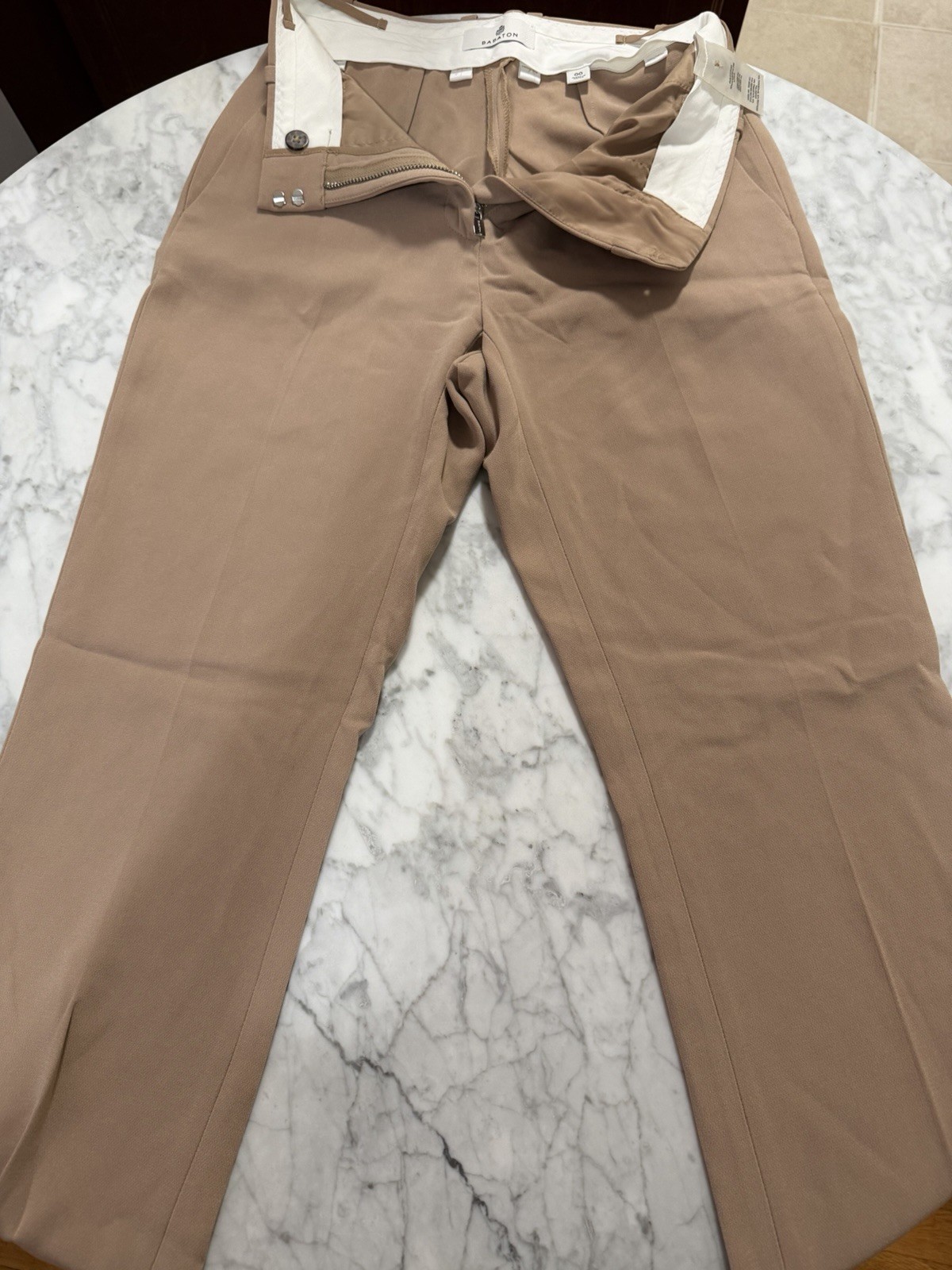 Babaton Women’s Beige Solid Flat Front Dress Pants Zip Button Closure