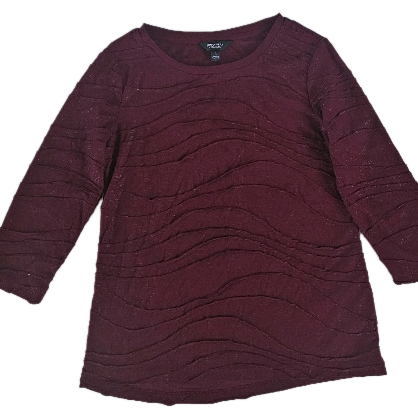 Simply Vera Wang Sz S Deep Red Soft Texture Top Sheer Glitter Ruffled