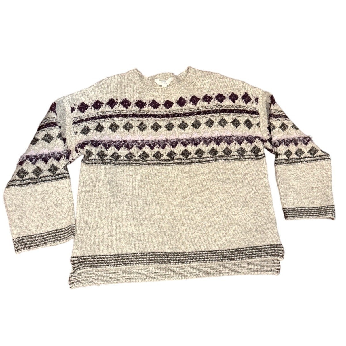 Womens Sweater Size Large Time & Tru Gray Fair Isle Sweater Crewneck Soft Knit