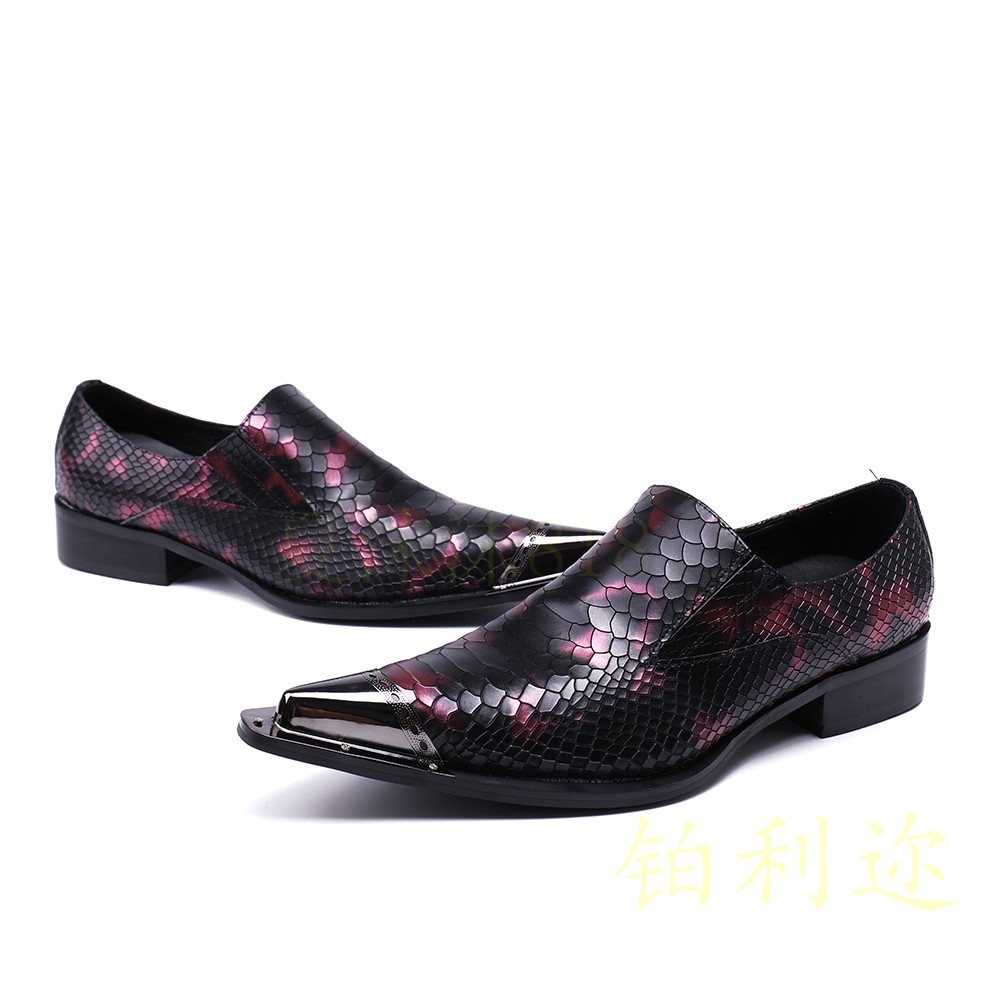 Men’s Steel Pointed Toe Shoes Loafers Snakeskin Pattern Performance Stage Show