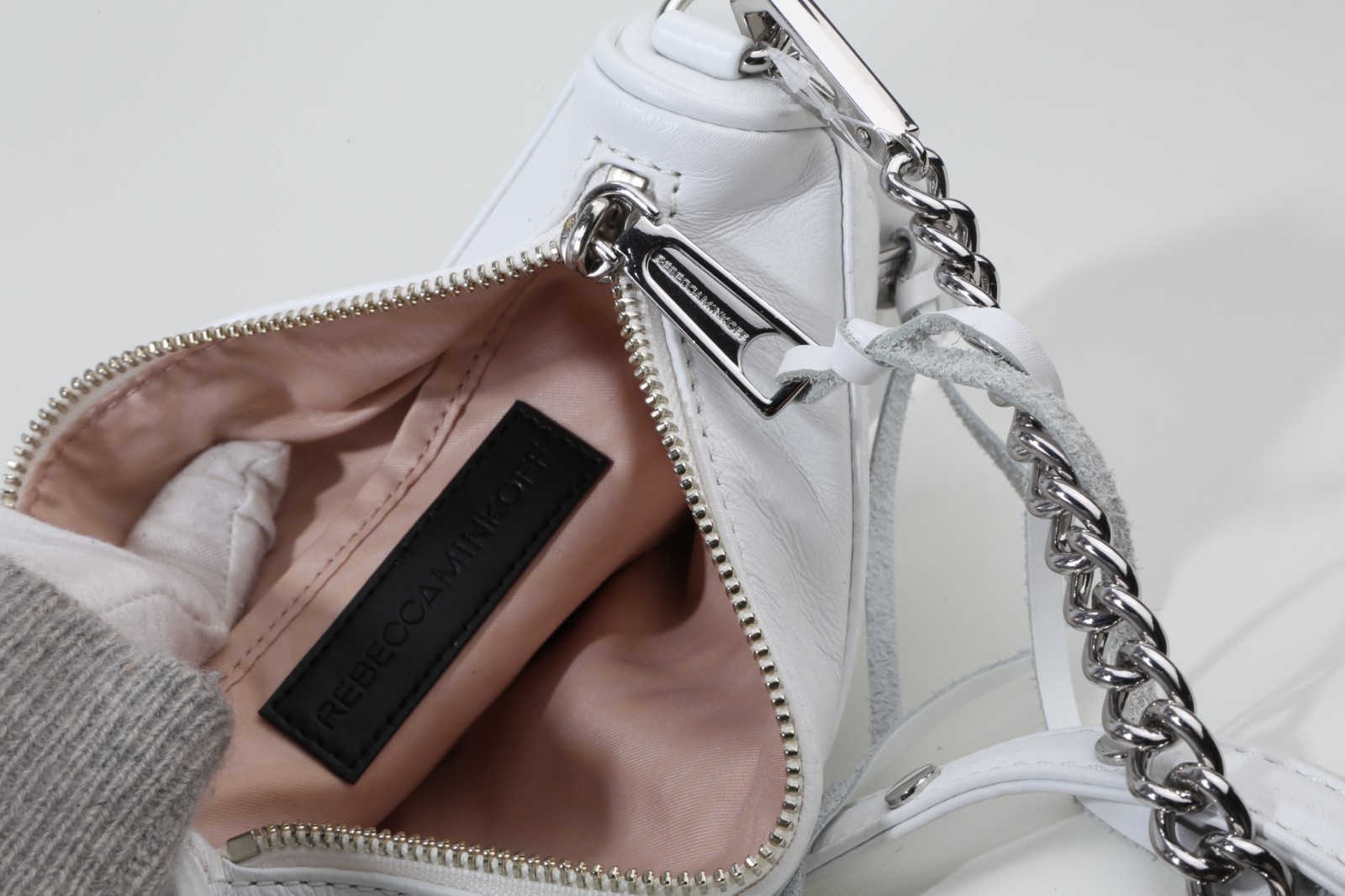 Rebecca Minkoff Mini MAC White Leather Crossbody Bag Silver Chain Dog Clip Purse