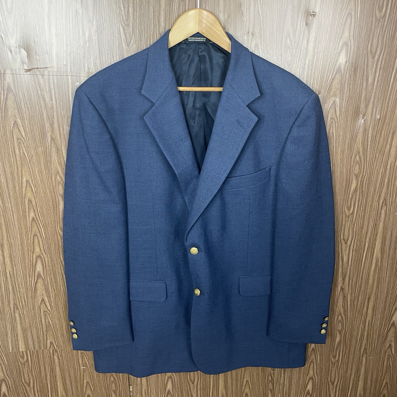 Stafford Blazer Jacket Mens 46R Blue Solid Polyester Worsted Wool Gold Buttons