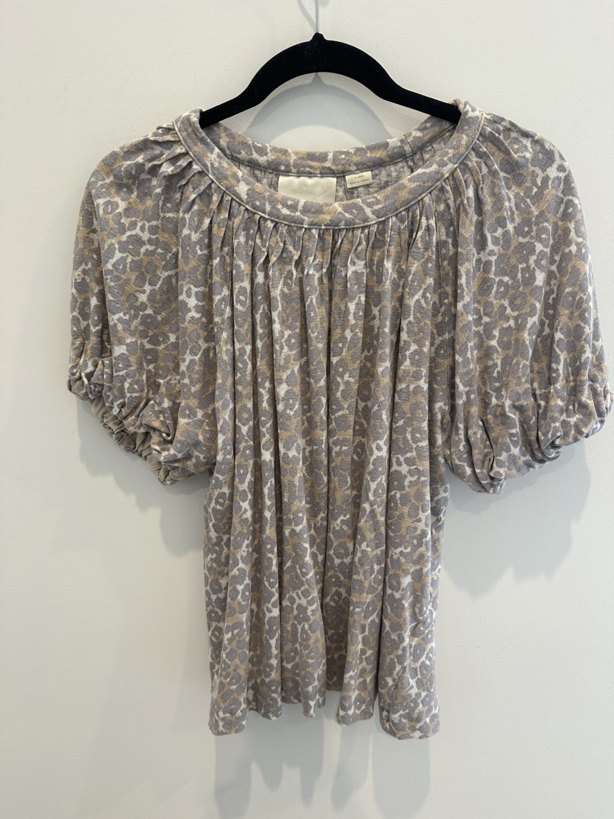 Maeve Gray Beige Leopard Animal Print Round Neck Linen Puff Sleeve Blouse – XL