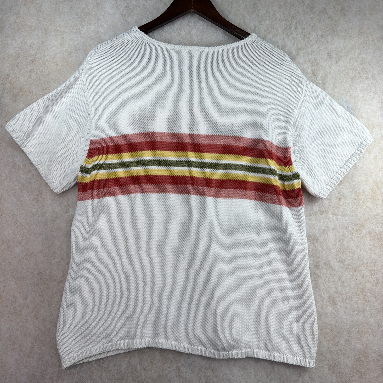 Liz Clairborne Short Sleeve Sweater White With Multi Color Stripes Size XL