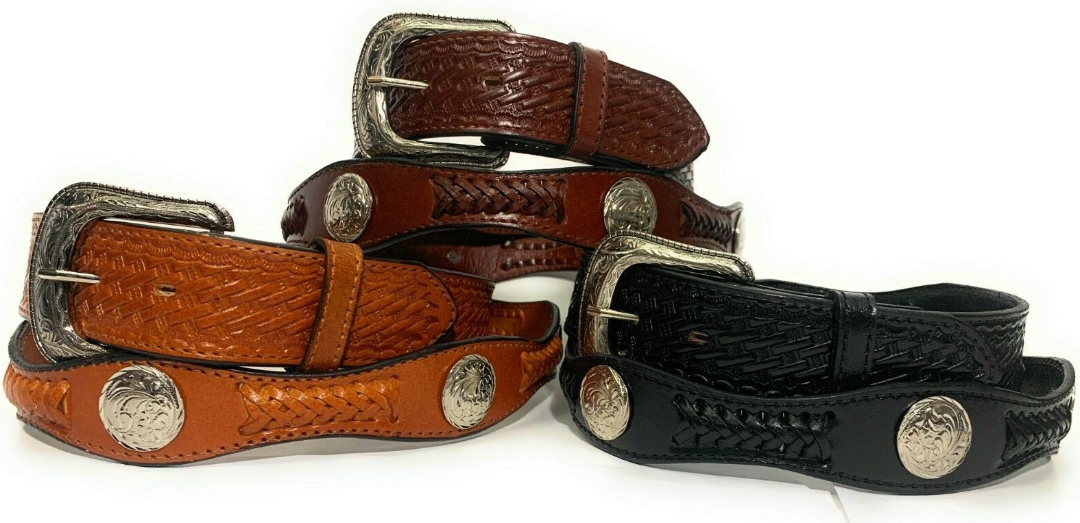 MEN’S CONCHO WESTERN COWBOY LEATHER BELT. HAND LACED CONCHO RODEO DECORATED BELT