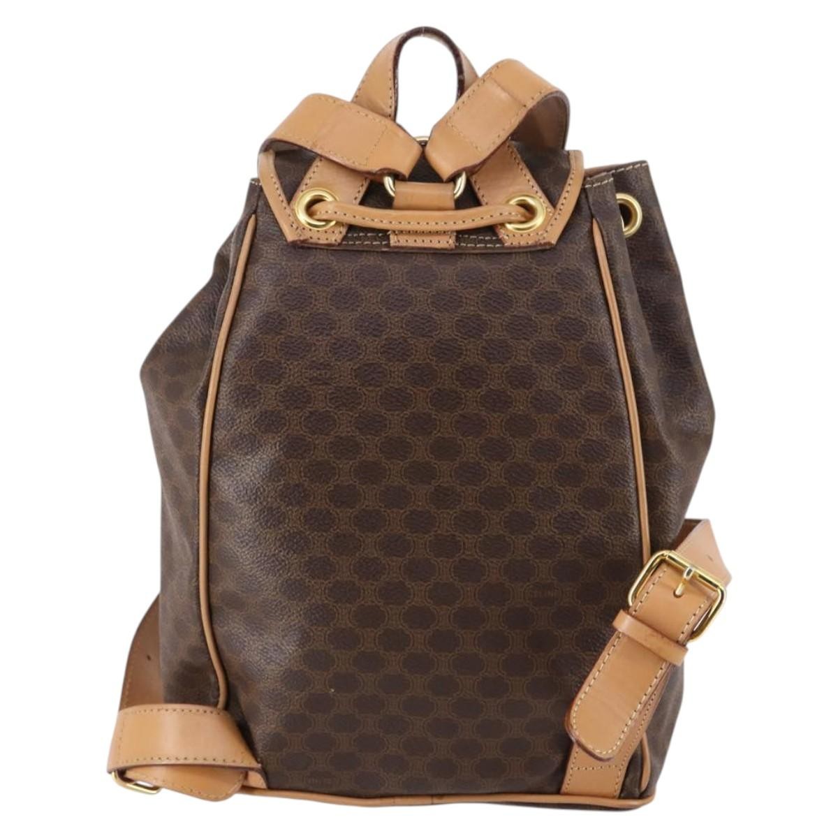 CELINE Macadam Canvas Backpack PVC Leather Brown Gold Auth ep10632