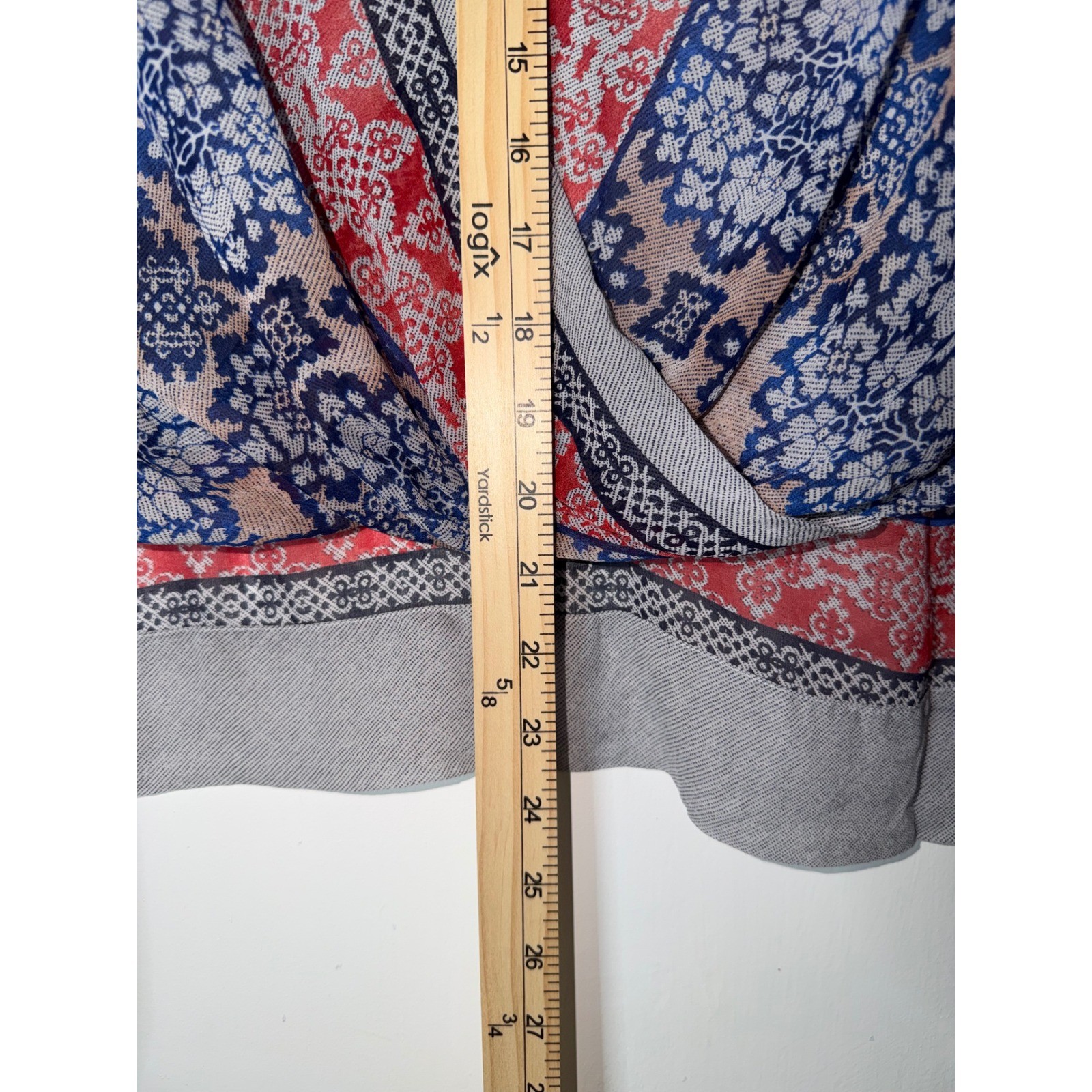 BCBGMAXAZRIA Womens S 100% Silk Medallion Print Wrap Blouse Blue Red Grey Small