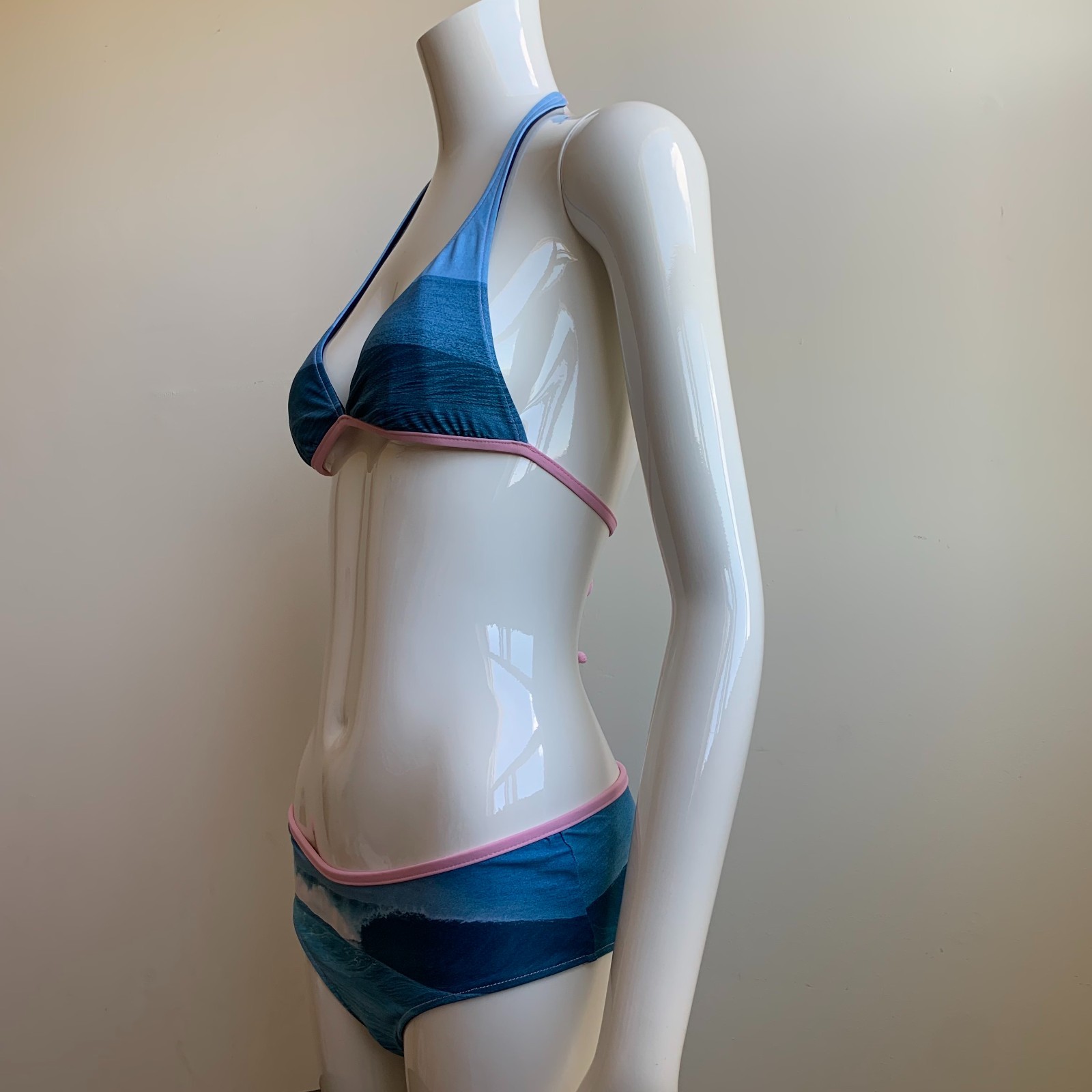 Aaron Chang blue & pink stripe wave reversible scenic photo print bikini