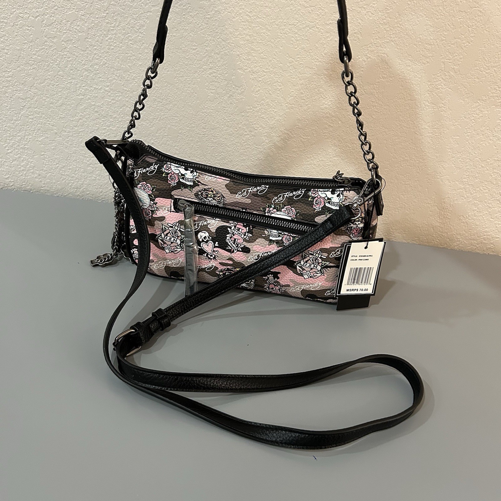 NWT Ed Hardy Shoulder / Crossbody Bag – Pink Camo – Skulls & Screaming Tigers