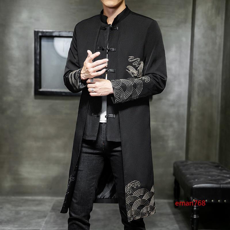 Chinese Style Tang Suit Jacket Mens Mid Long Buttons Slim Embroidery Coats Size