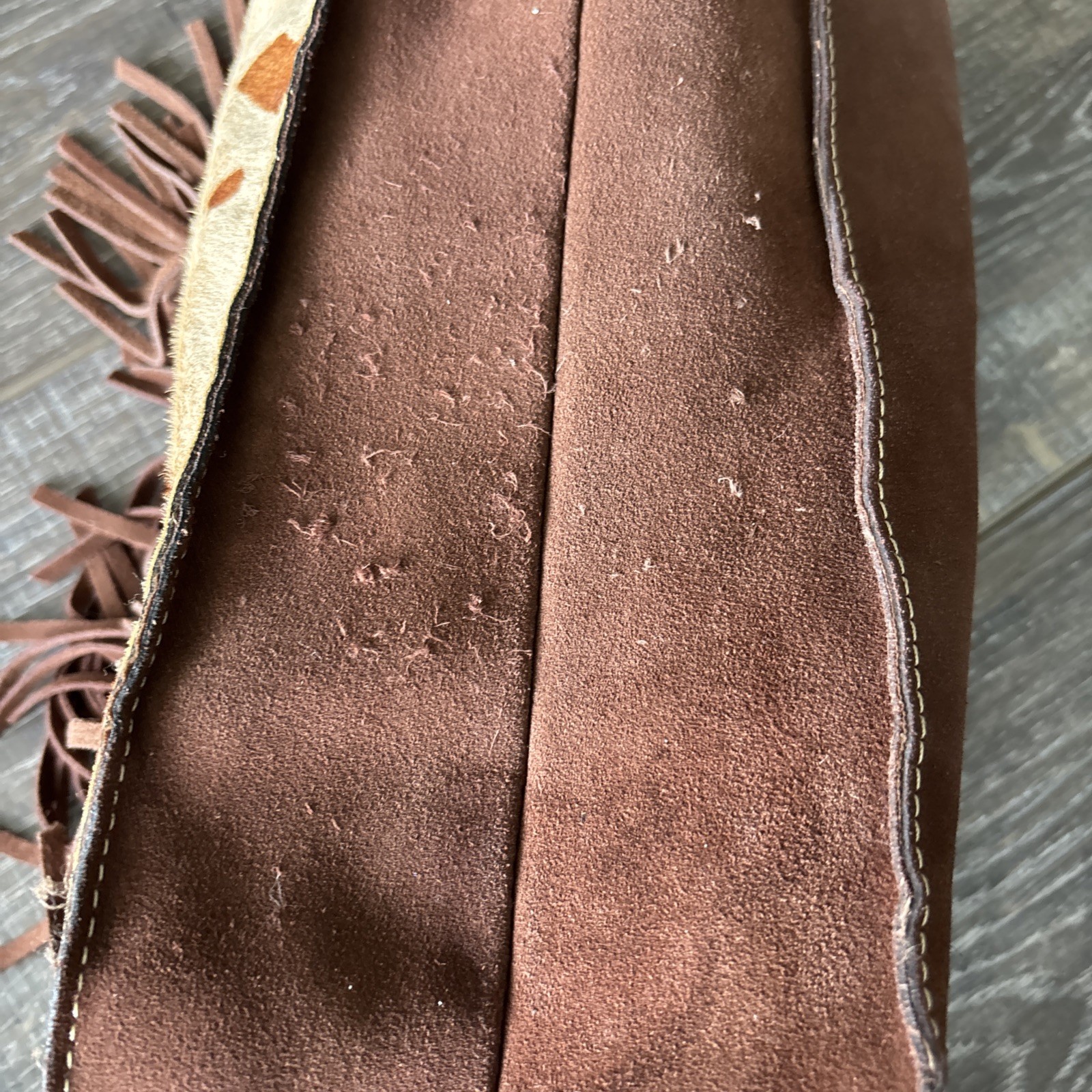 Patricia Nash Leather & Cowhide Print Mwith Leather Fringe Tote Purse – See Pics