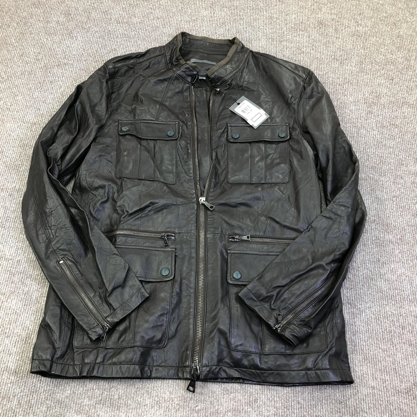 John Varvatos Jacket Mens 52 Brown Leather Military Full Zip Pockets L736P4 Y700