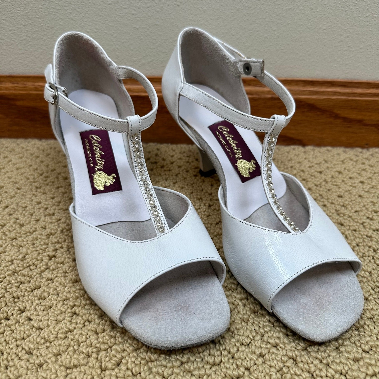 Celebrity Womens Dance Shoes Ballroom Latin T- Strap Heels Rhinestones White 9.5