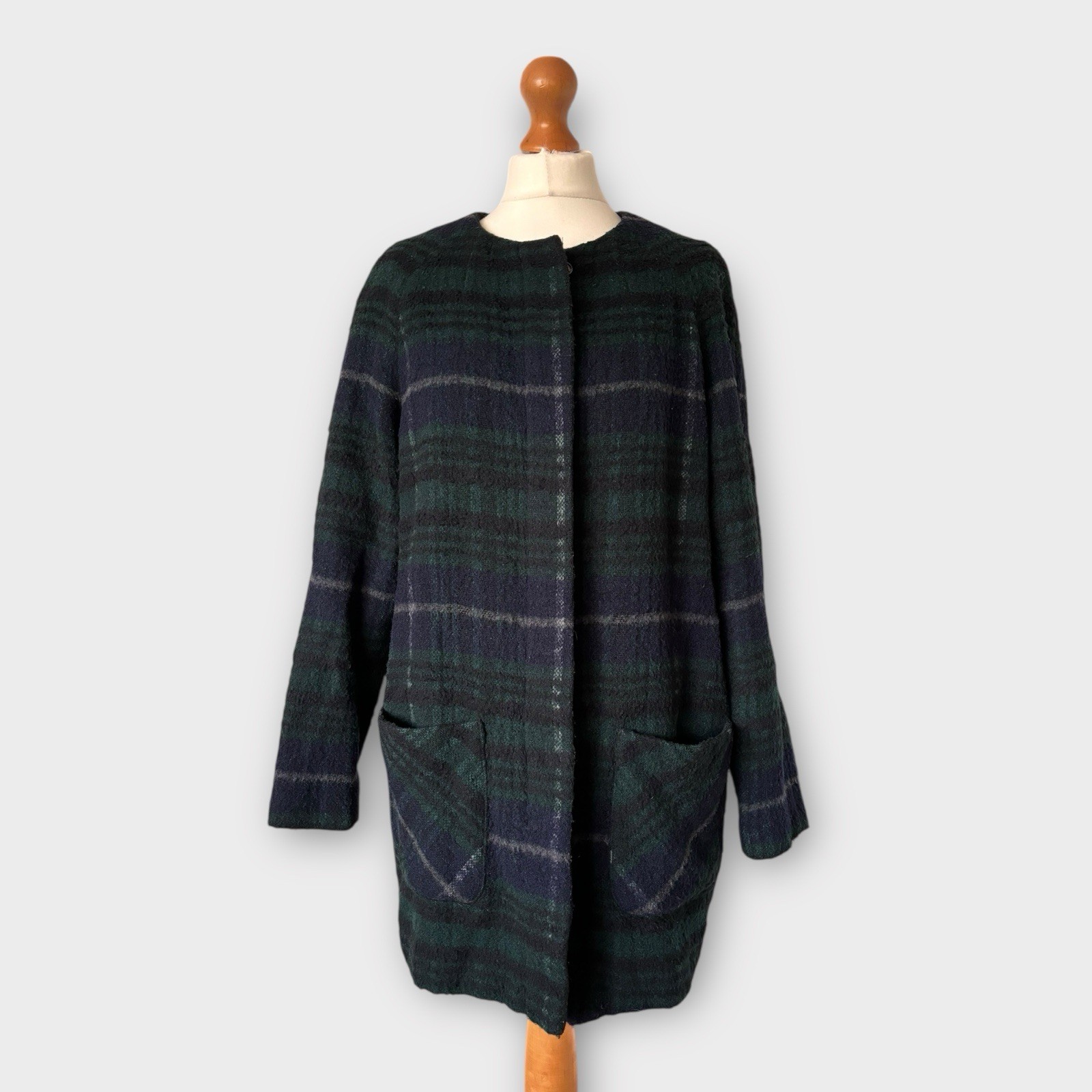 Marks & Spencer Coat 12 Navy Blue Green Plaid Tartan Check Wool Mix Winter READ