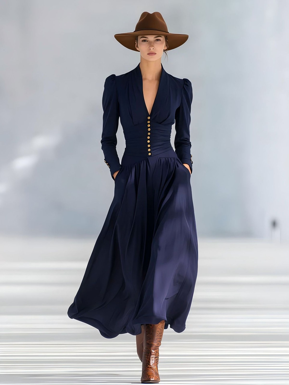 Elegant V-Neck Satin Dress with Puffed Long Sleeves and High Waist Silhouette