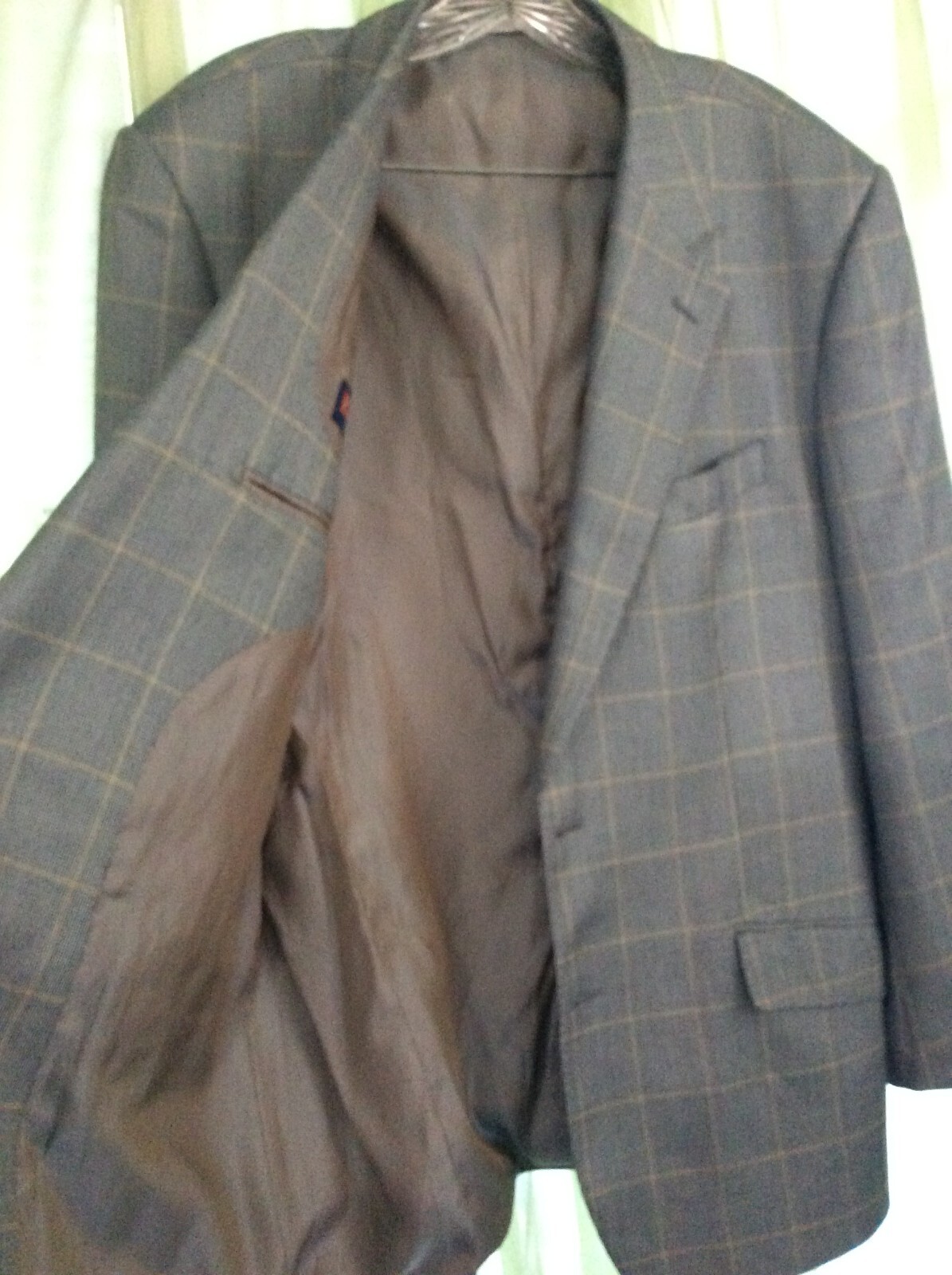 MENS SZ 44 R E. THOMAS COAT SUIT JACKET SMOOTH Checks on Gray Wool Silk
