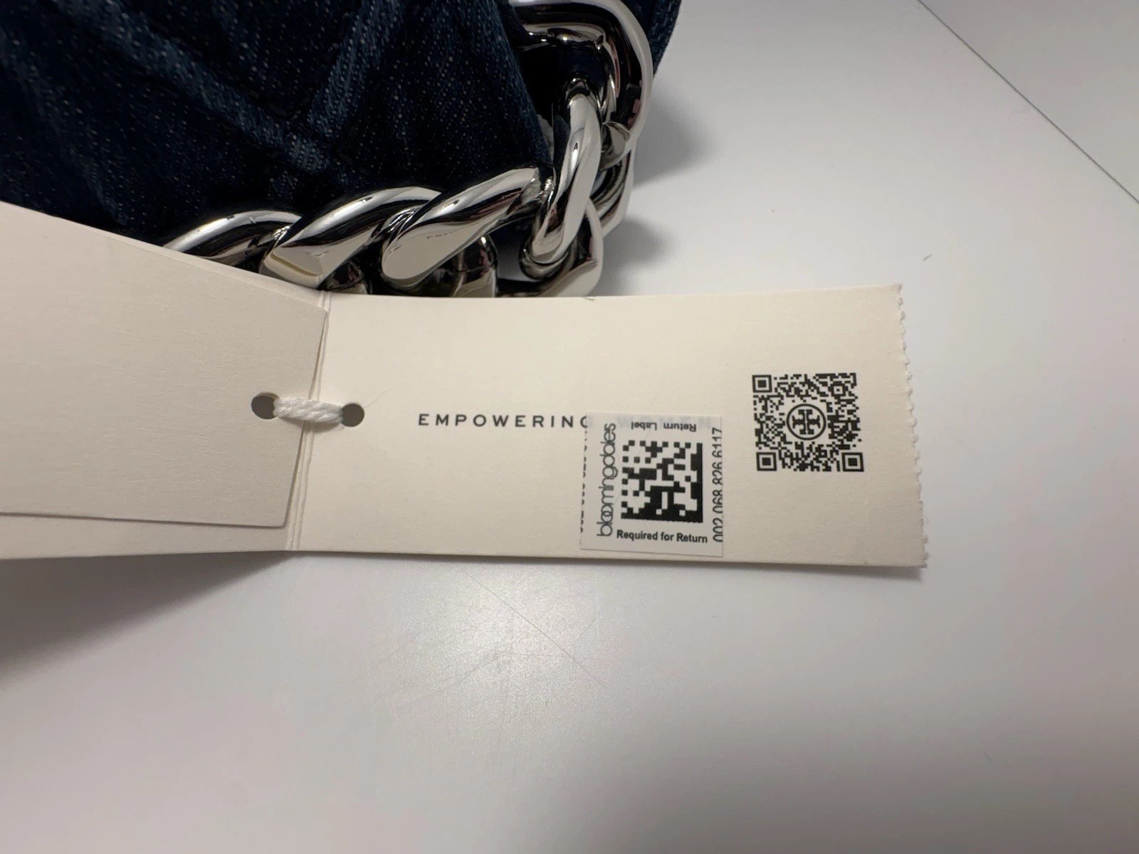 Tory Burch Fleming Mini Crescent Bag Denim Blue Silver Chain Strap NWT $498