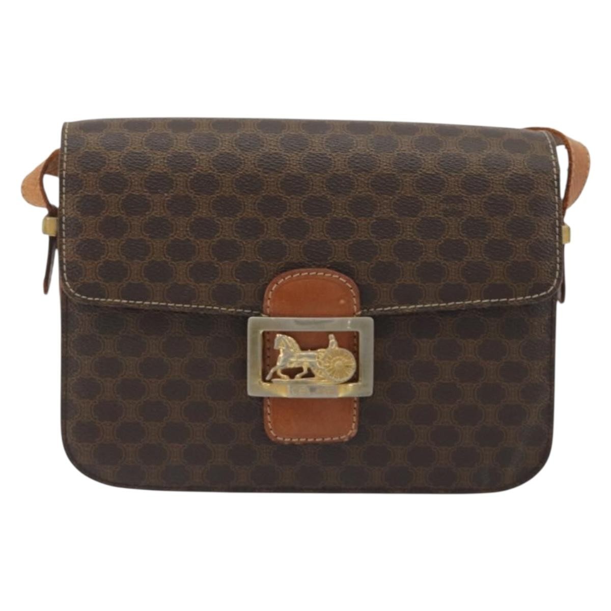 CELINE Macadam Canvas Horse Carriage Bag PVC Leather Brown Gold Auth 193067