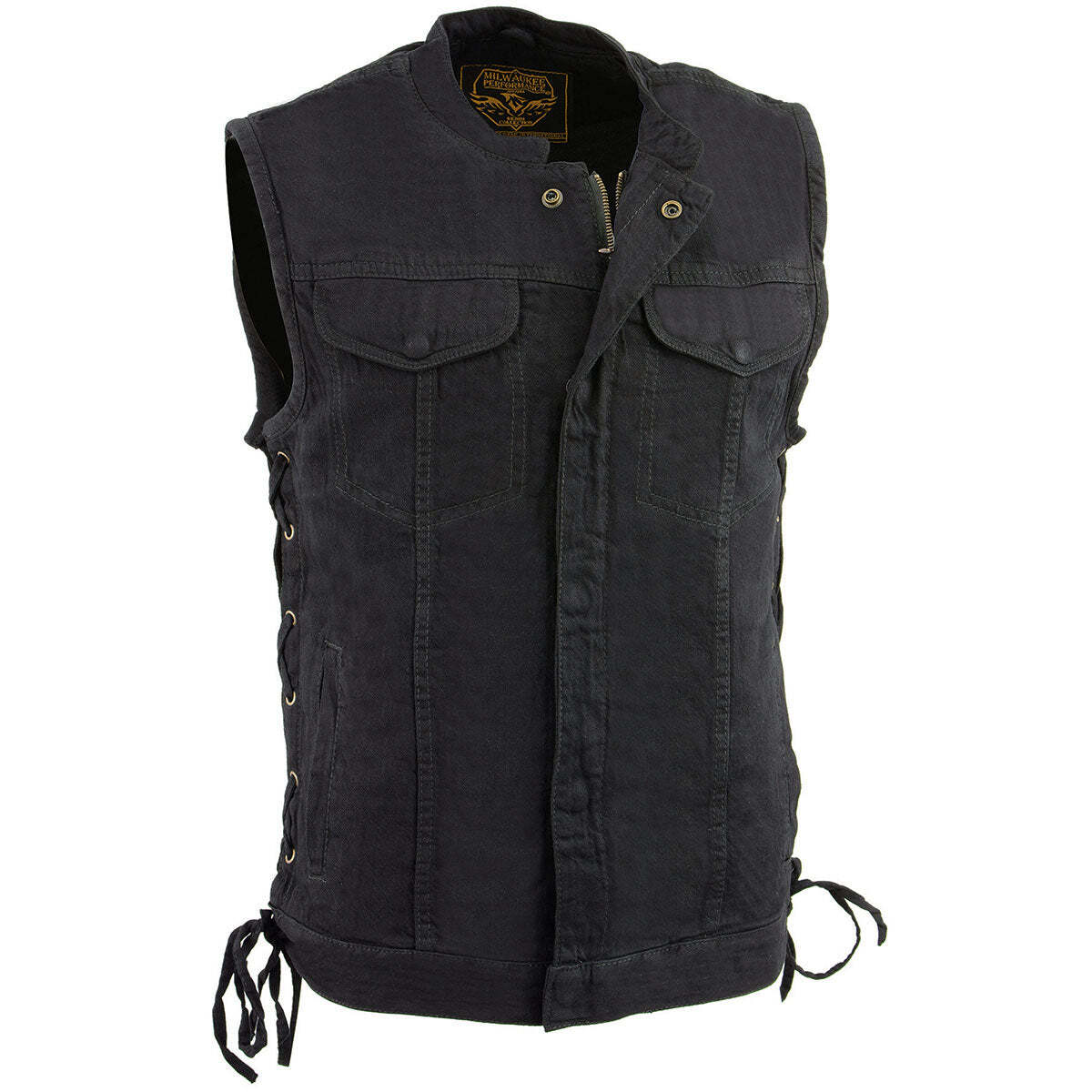 Milwaukee Leather 3002 Men’s ‘Covert’ Black Denim Club Style Vest with Side Lace