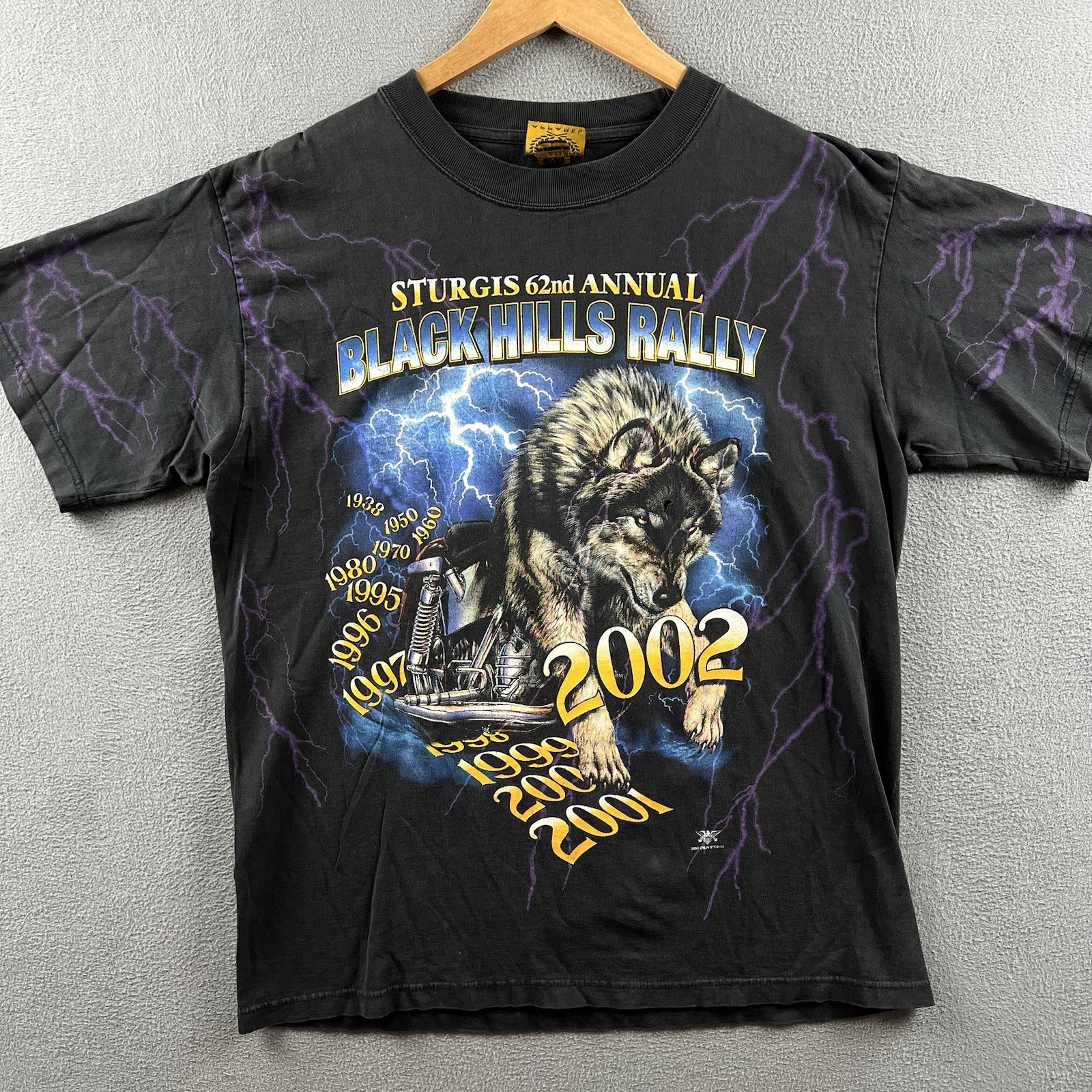 Vintage Sturgis Shirt Mens Large Black Purple Lightning Wolf Biker Rally AOP