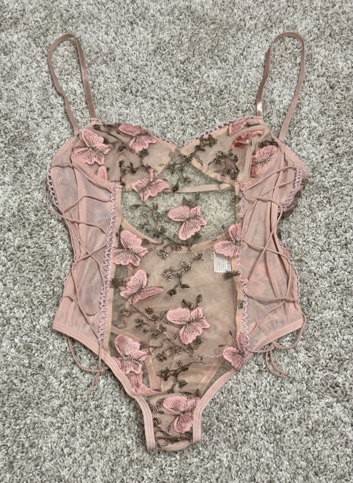 Sexy Butterfly Embroidered Mesh Lace-Up Teddy Bodysuit Pink Floral Size Small