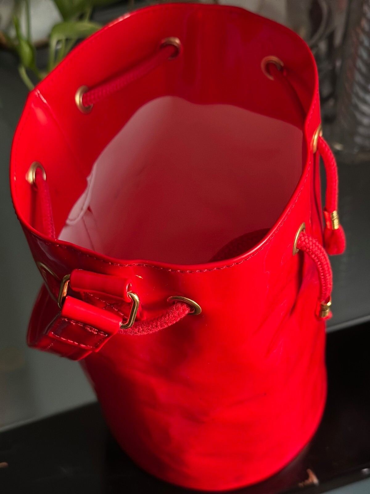 PRE-OWNED MOSCHINO BUCKET HANDBAG MADE IN ITALY BY REDWALL COLOR RED PVC PATENT