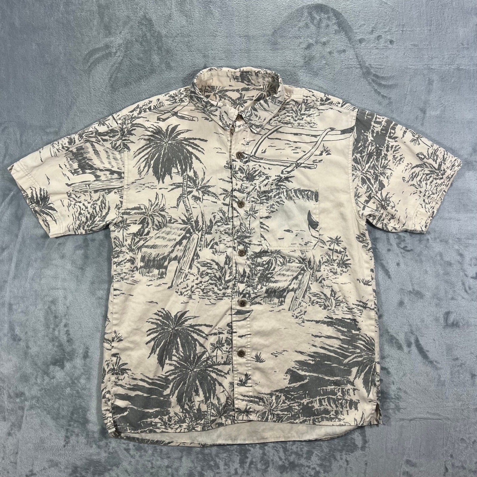 UNBRANDED Hemp Blend Tropical Island Print Shirt Mens Large Beige Gray