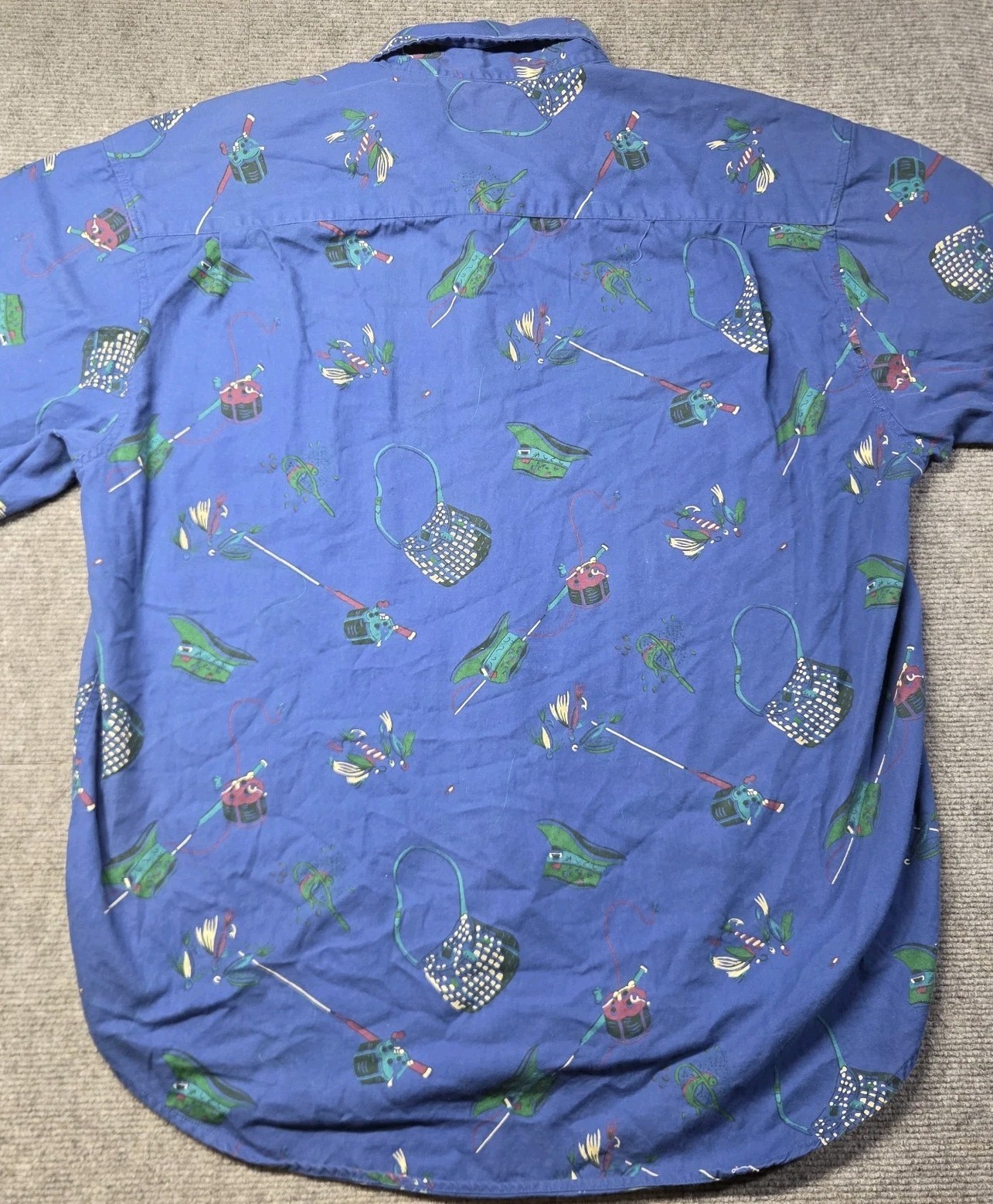 Vintage GAP Fishing Fisherman Print Button Down Mens Shirt Rod Reel Tackle Sz XL