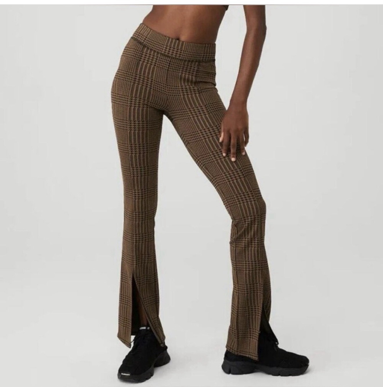 NWOT Alo Jacquard High-Waist Glenplaid Flare Leggings Cinnamon Brown/Black XS