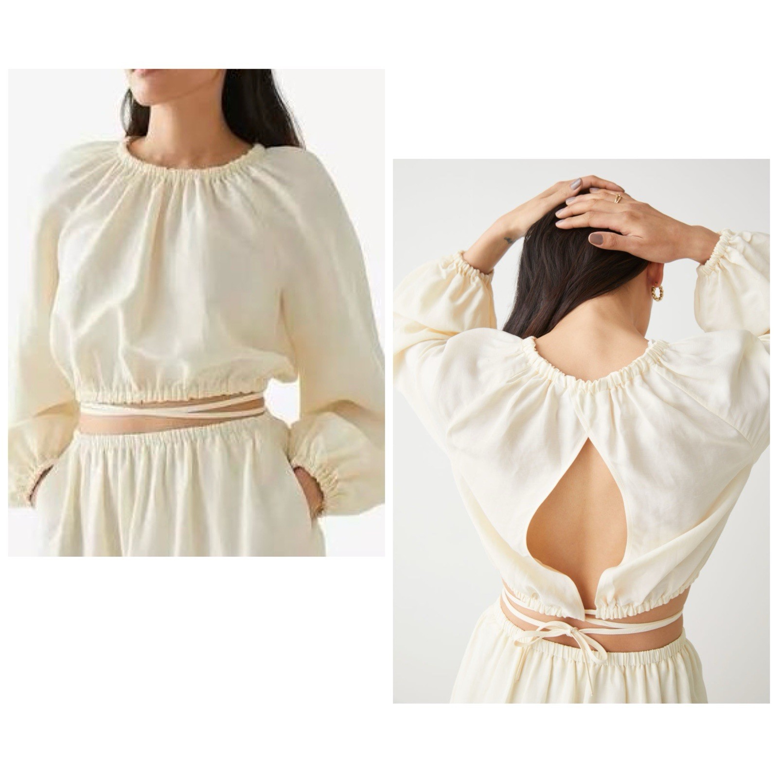 & Other Stories Voluminous Crop Top Ivory Cream Linen Balloon Sleeve Blouse A