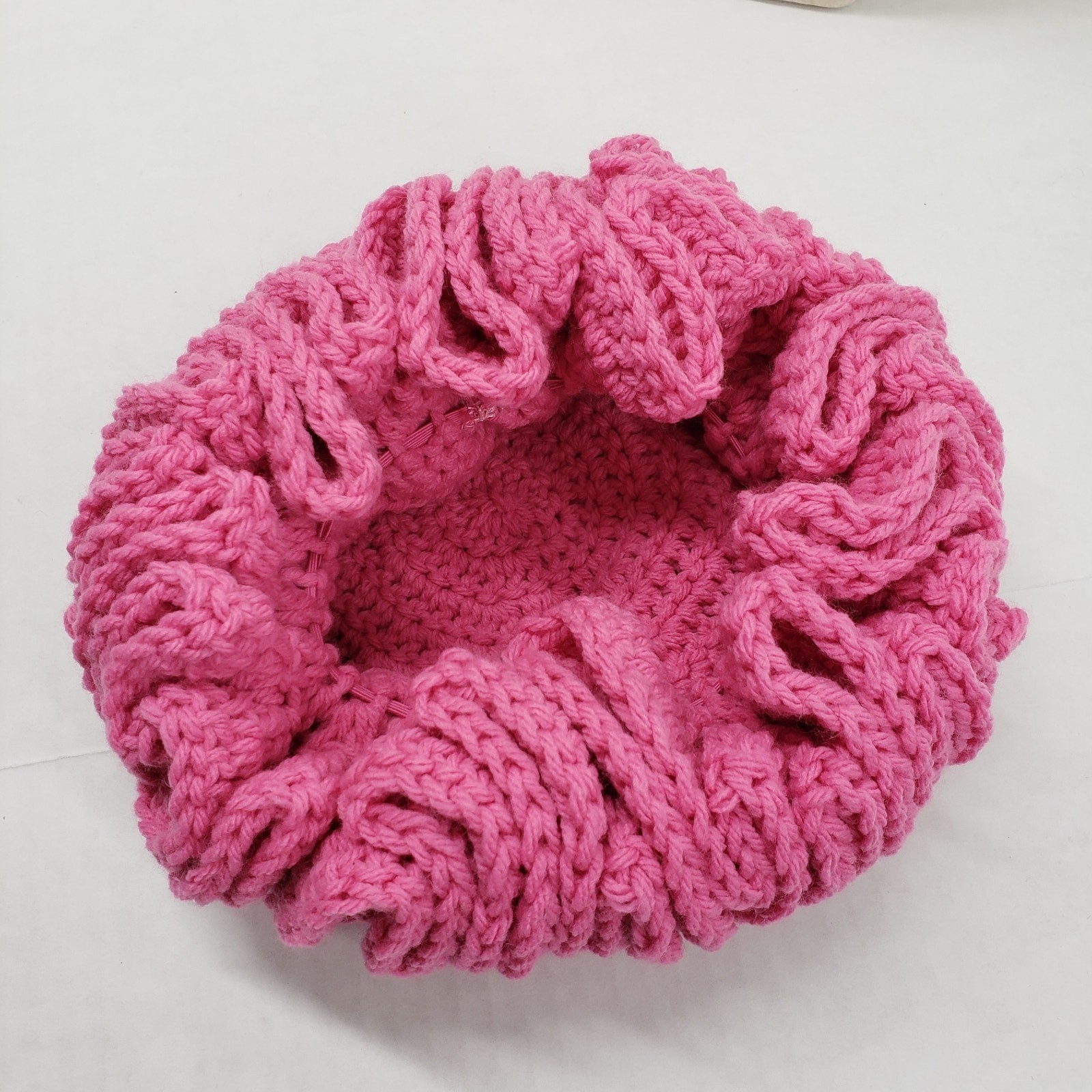 Handmade Crochet Ruffle Hat Pink Statement Bonnet Cozy Winter Unique Artisan