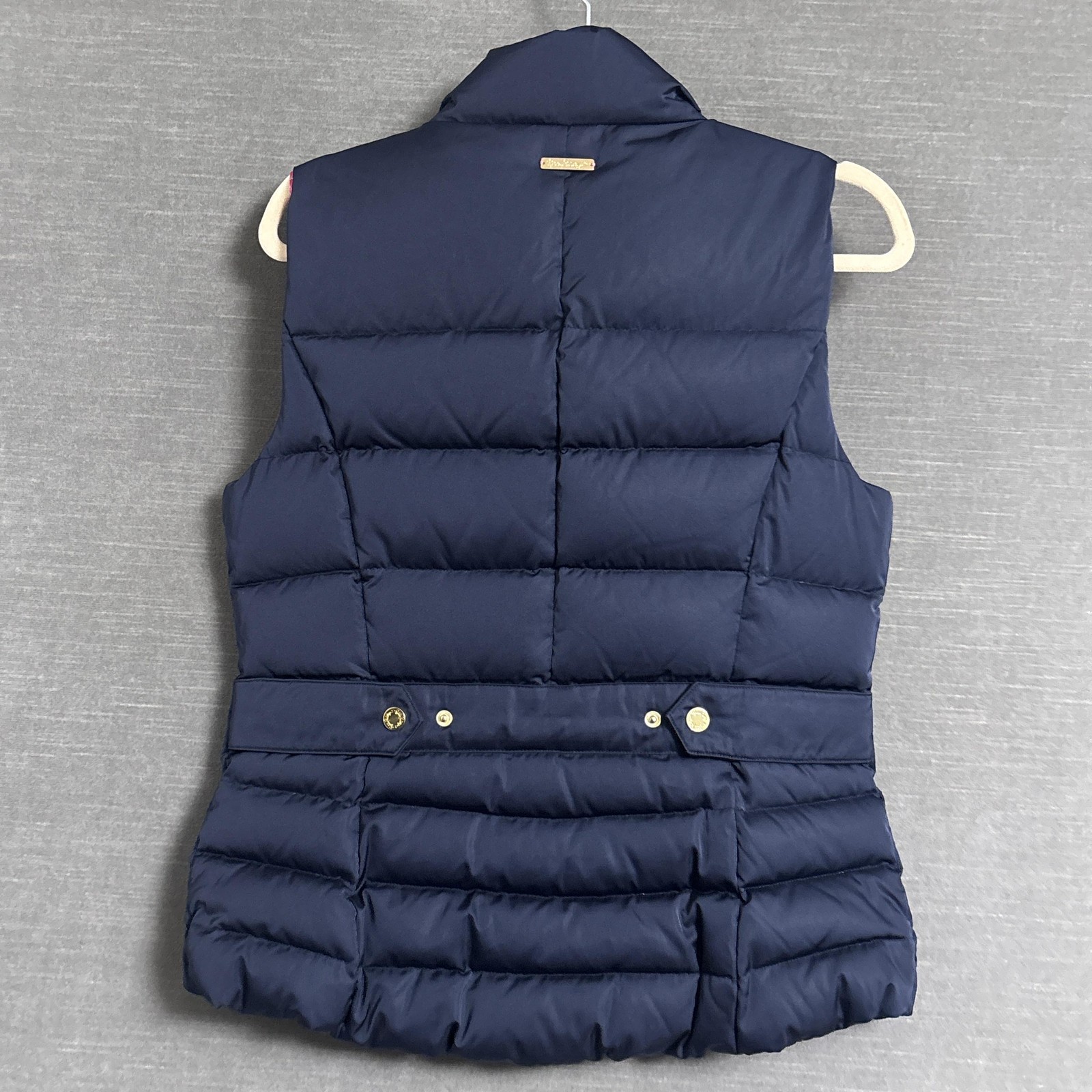 Lilly Pulitzer Vest M Navy Blue Down Puffer Quilted Pink Floral Lining Gold Trim