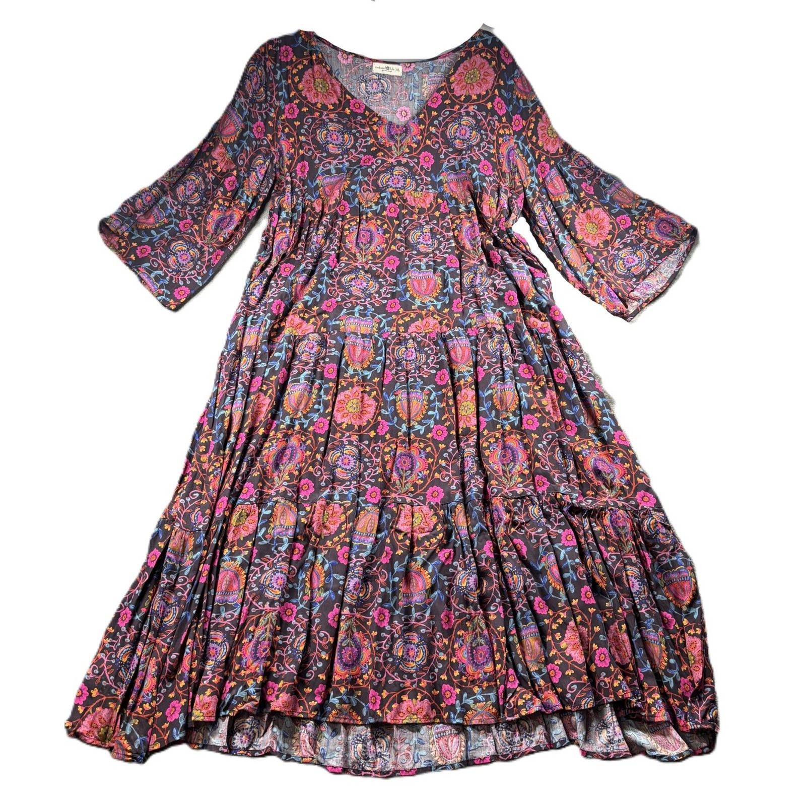 Natural Life Charlotte Midi Dress Boho Lagenlook Flowy Folk Circles XL P292