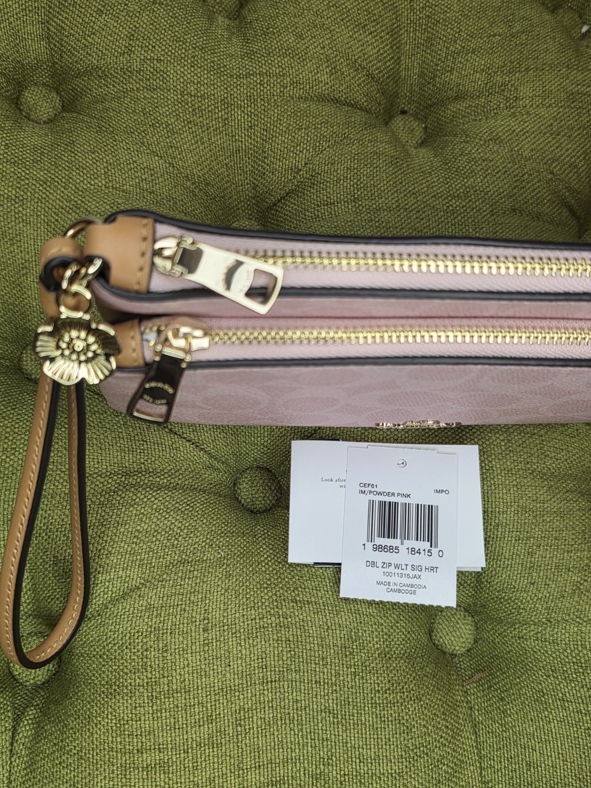 New Coach Double Zip Wristlet In Powder Pink Signature Canvas With Charms