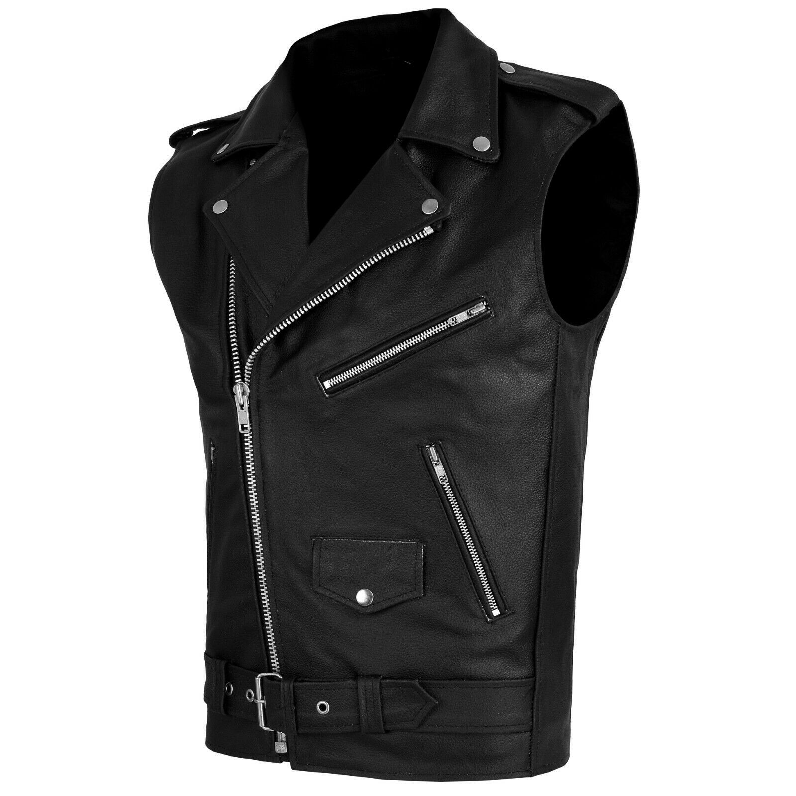 MEN’S SLEEVELESS BIKER STYLE CLASSIC VEST BELTED PUNK GENUINE REAL LEATHER VEST