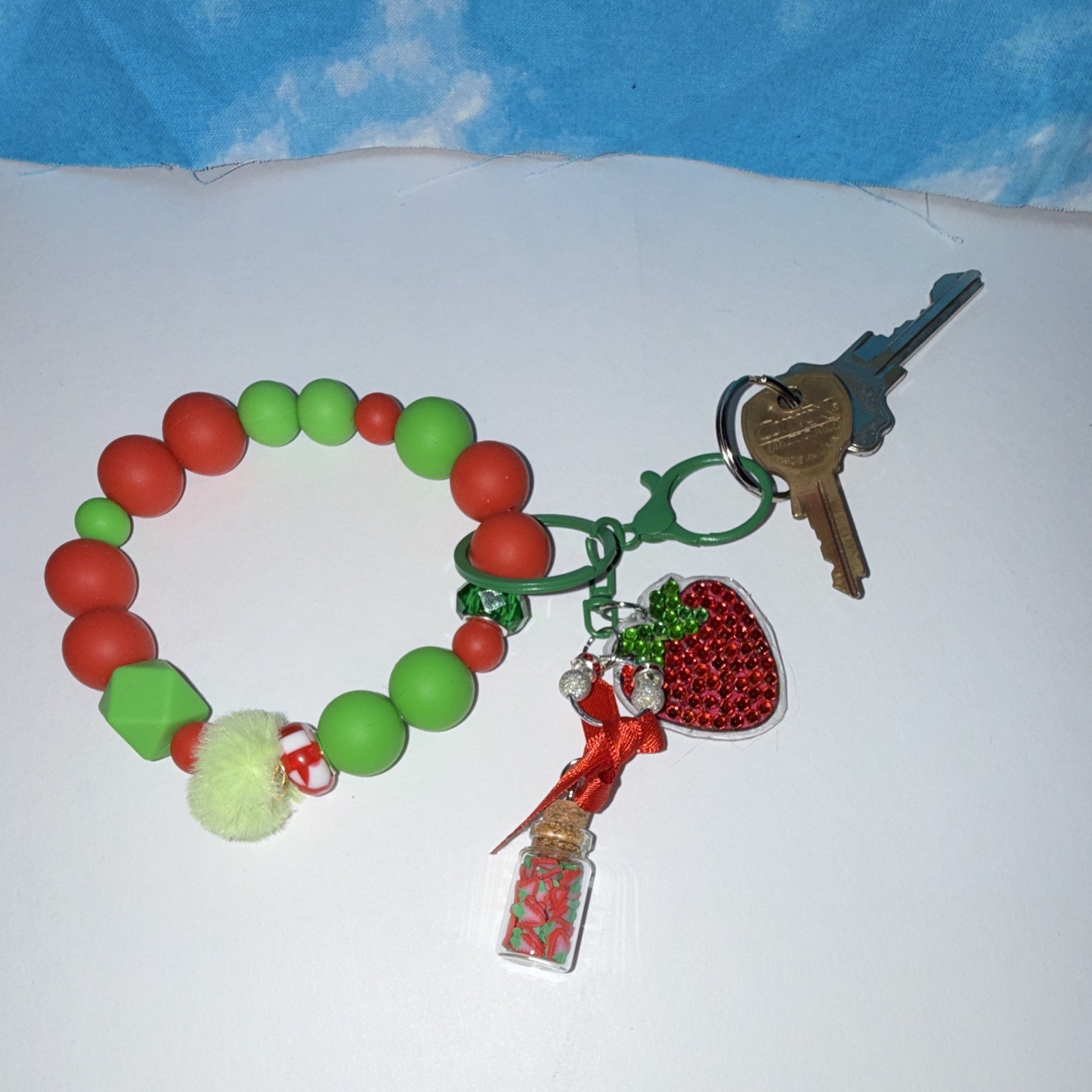 Red & Green Strawberry Beaded Wristlet Key Chain/Bag Charm w/Bow & Pom Pom