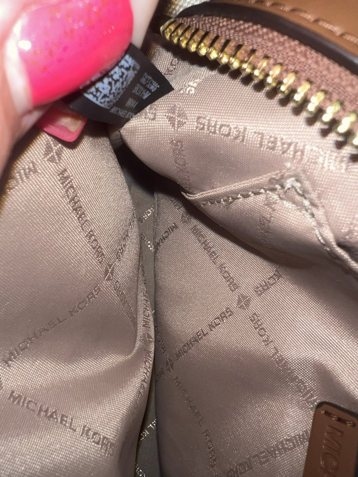 Michael Kors Signature MK Logo Zip Small Crossbody Beige/Brown Gold Strap